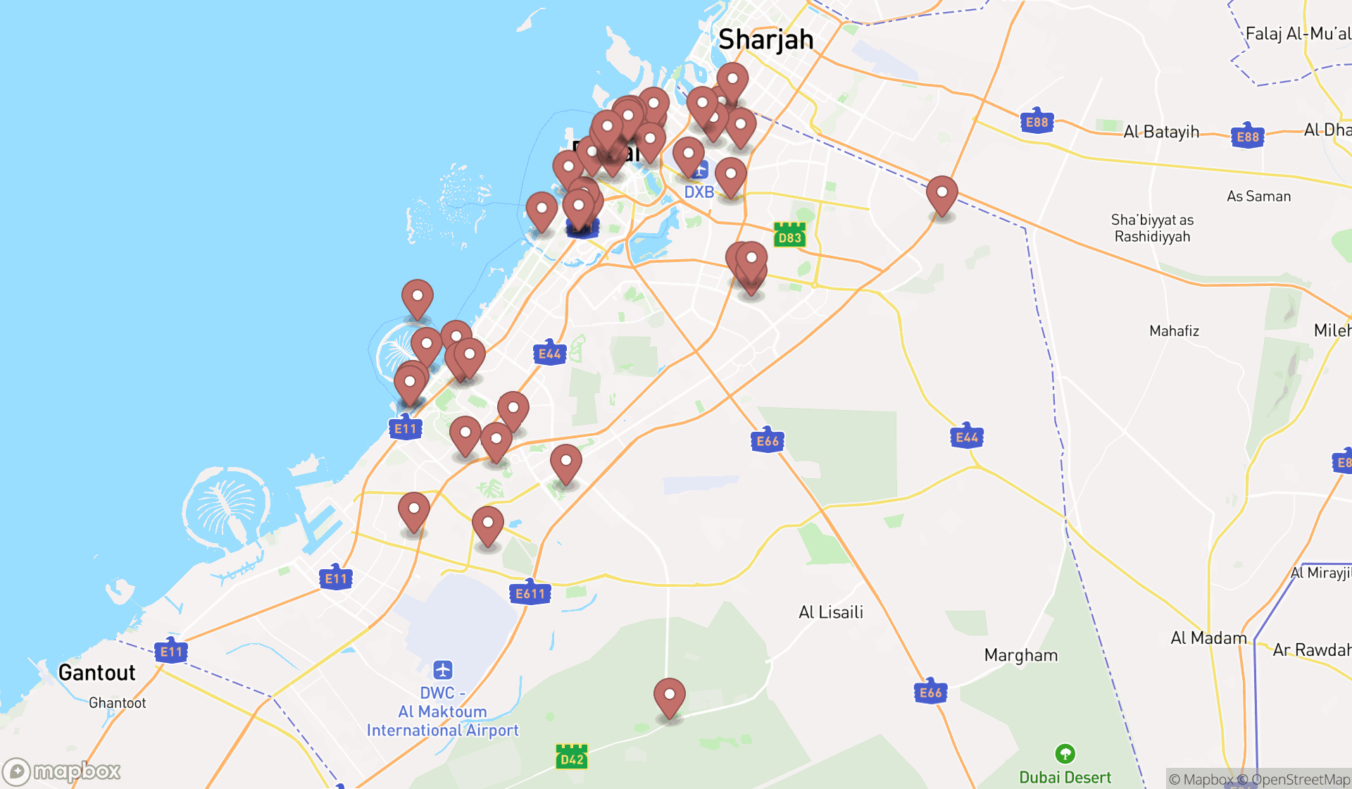 Map showing the search results in Dubai