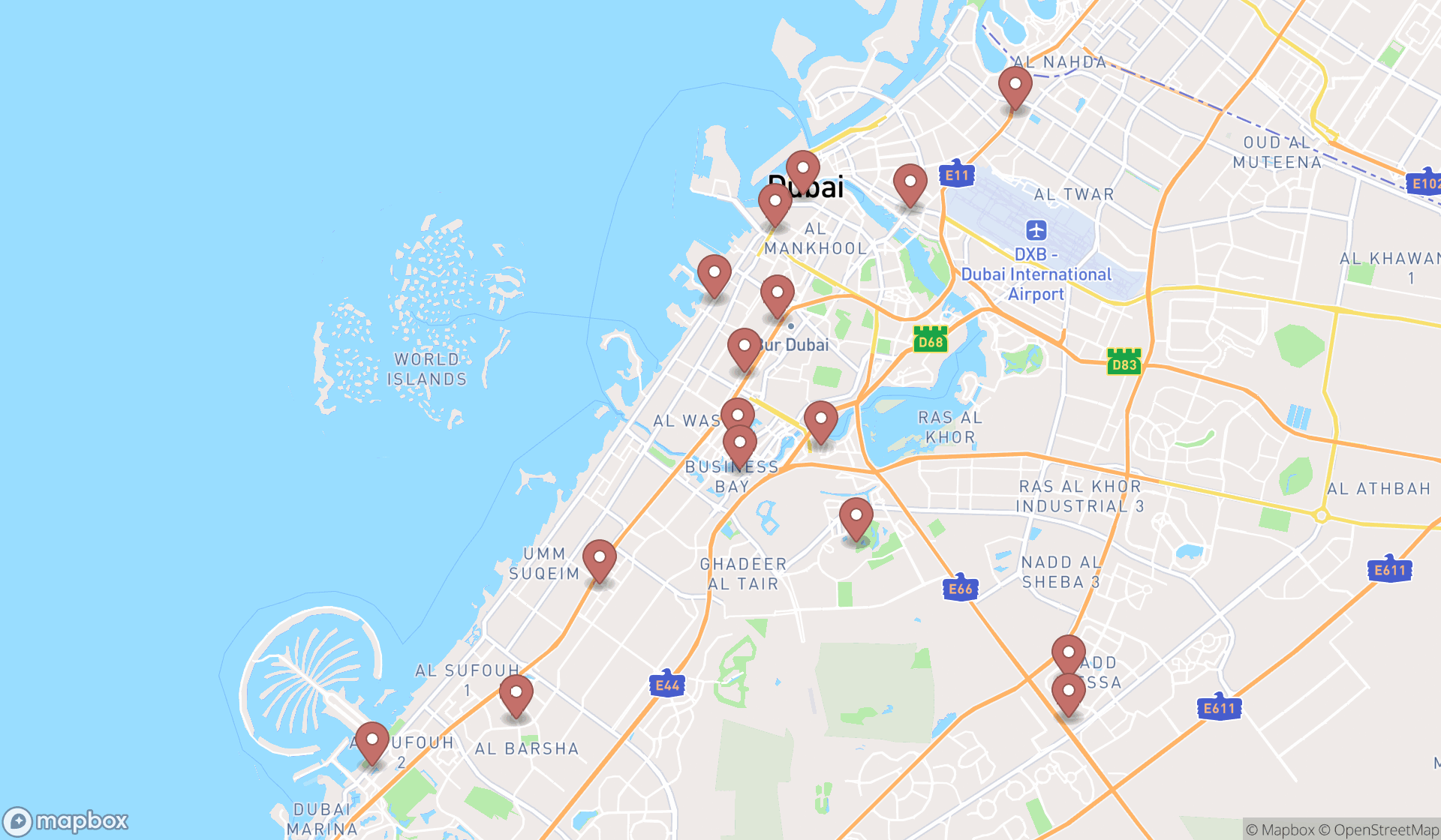 Map showing the search results in Dubai