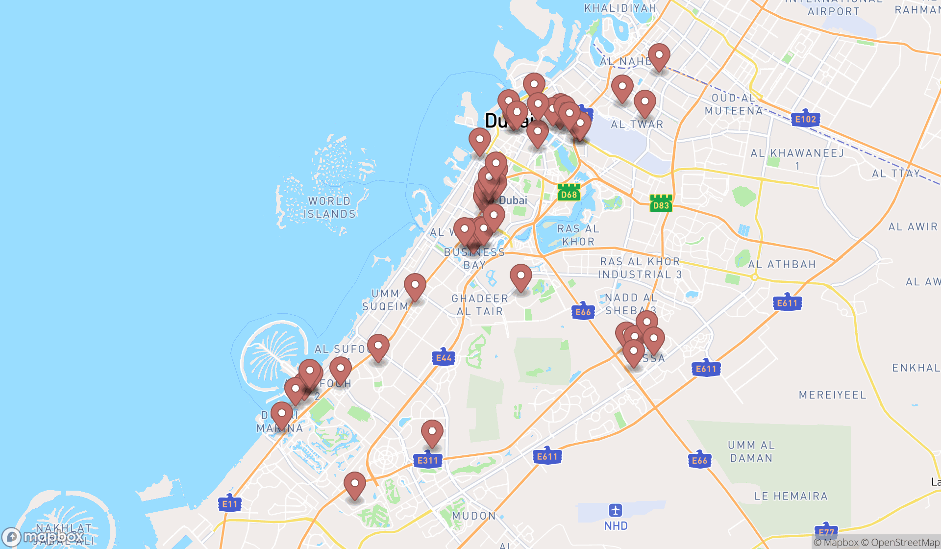 Map showing the search results in Dubai