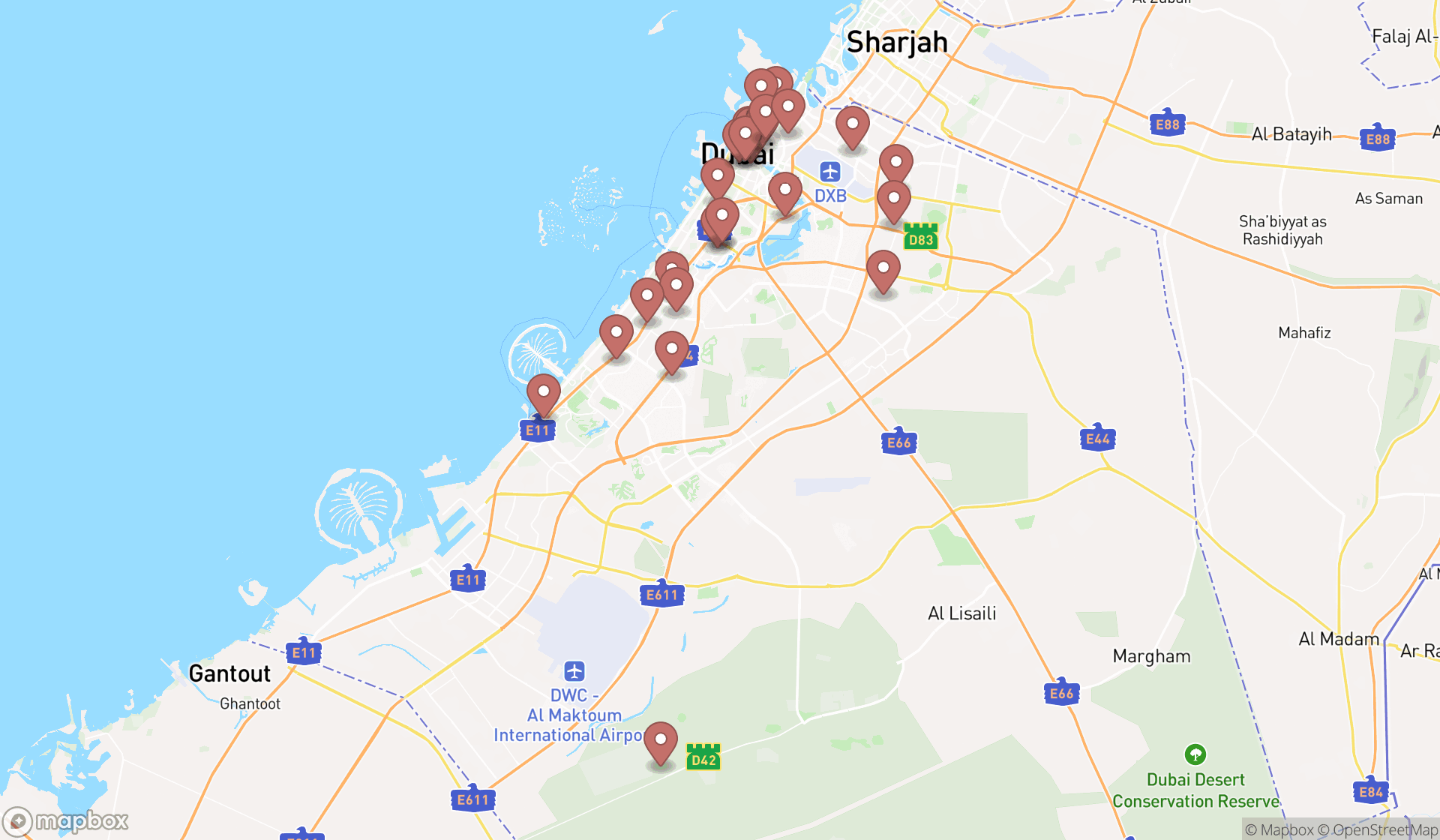 Map showing the search results in Dubai