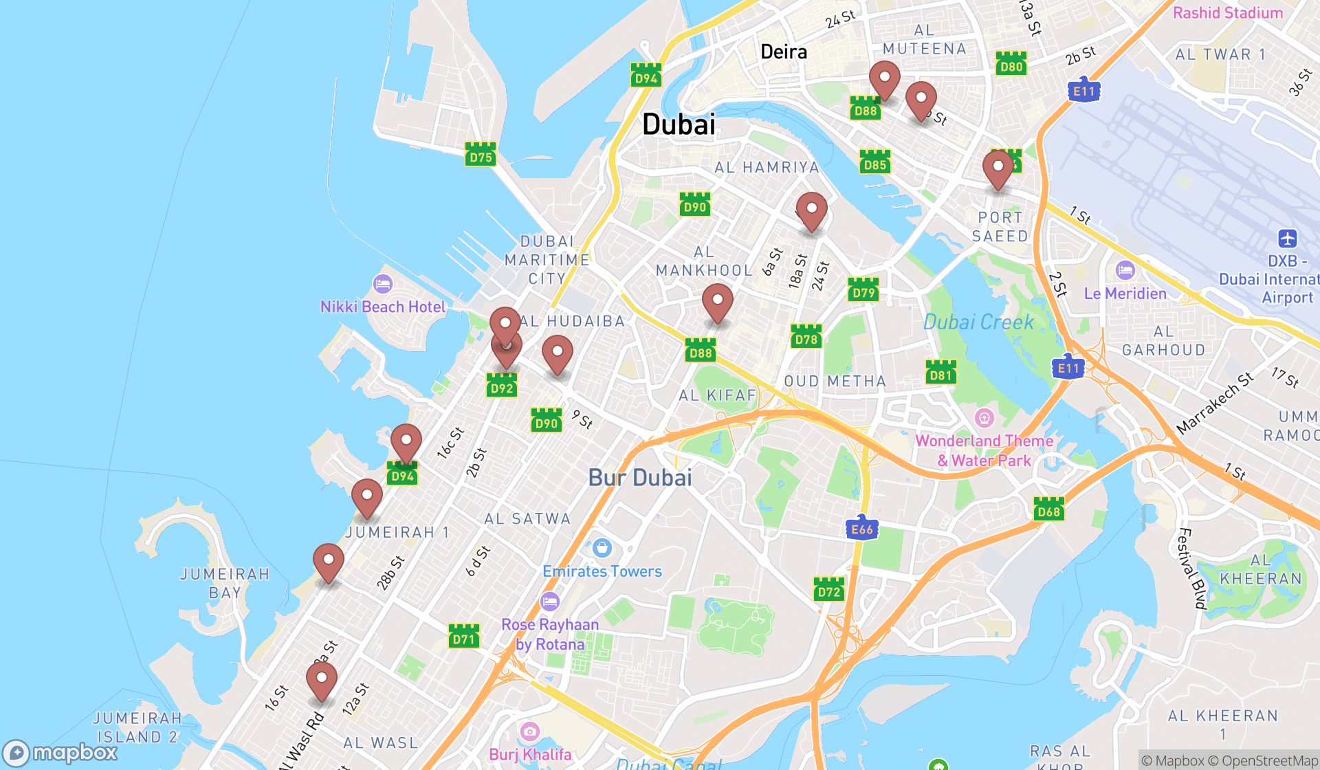 Map showing the search results in Dubai