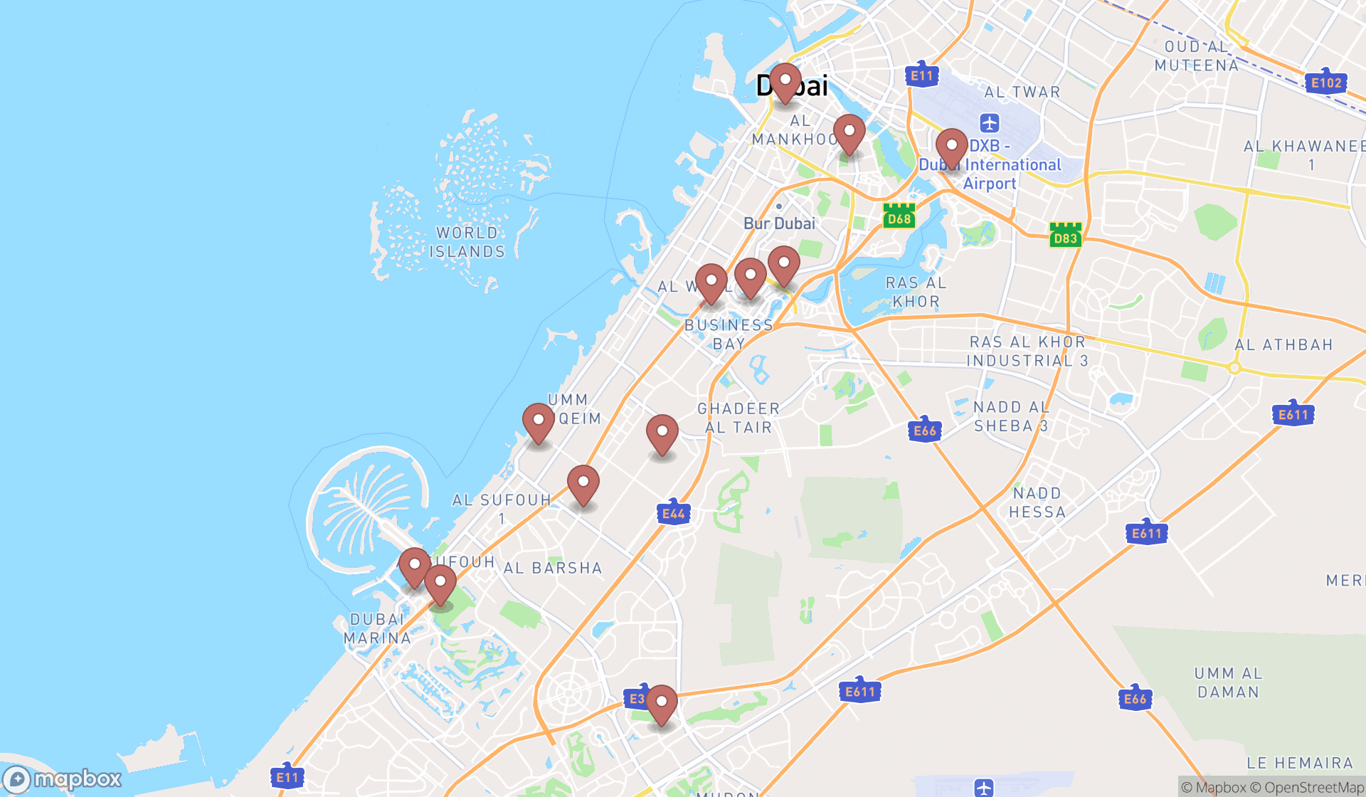 Map showing the search results in Dubai