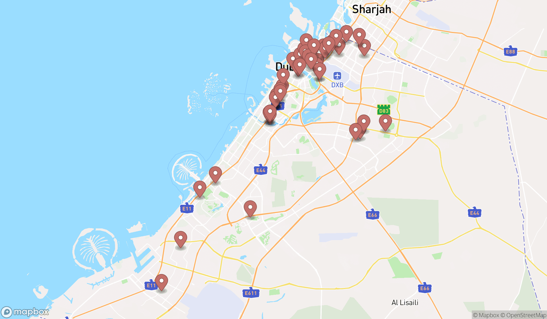 Map showing the search results in Dubai