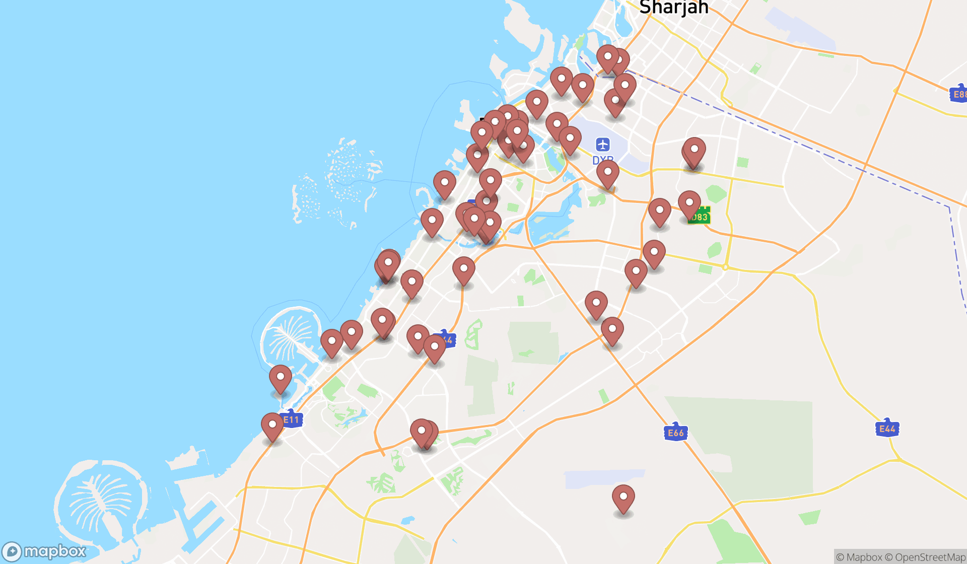 Map showing the search results in Dubai