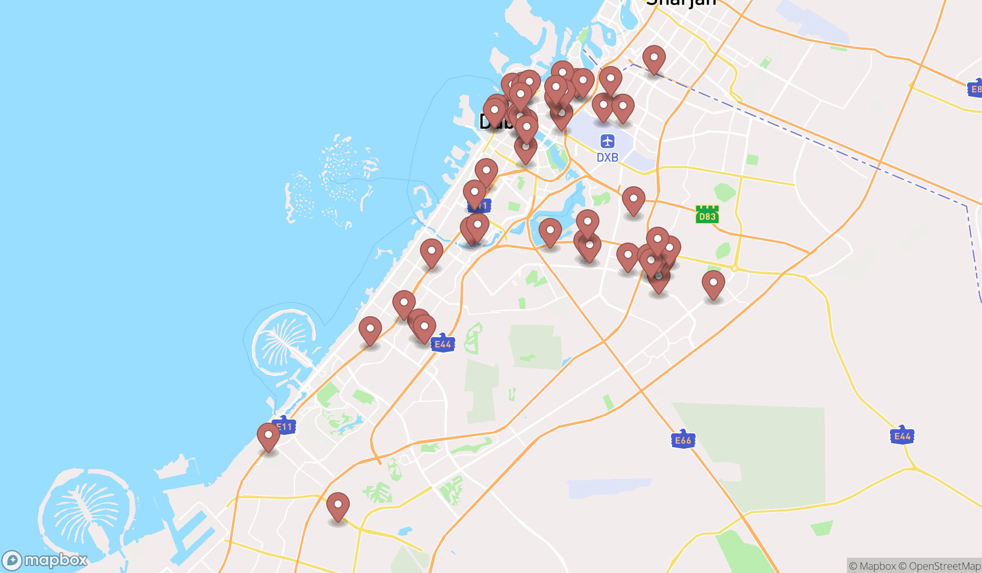 Map showing the search results in Dubai