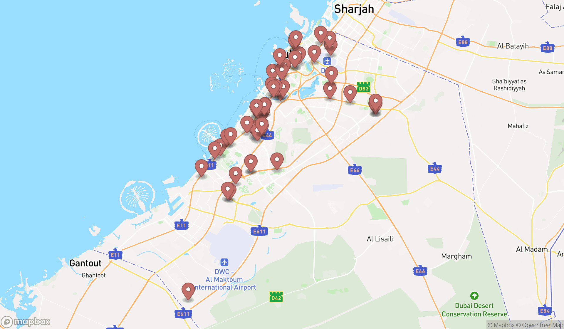 Map showing the search results in Dubai