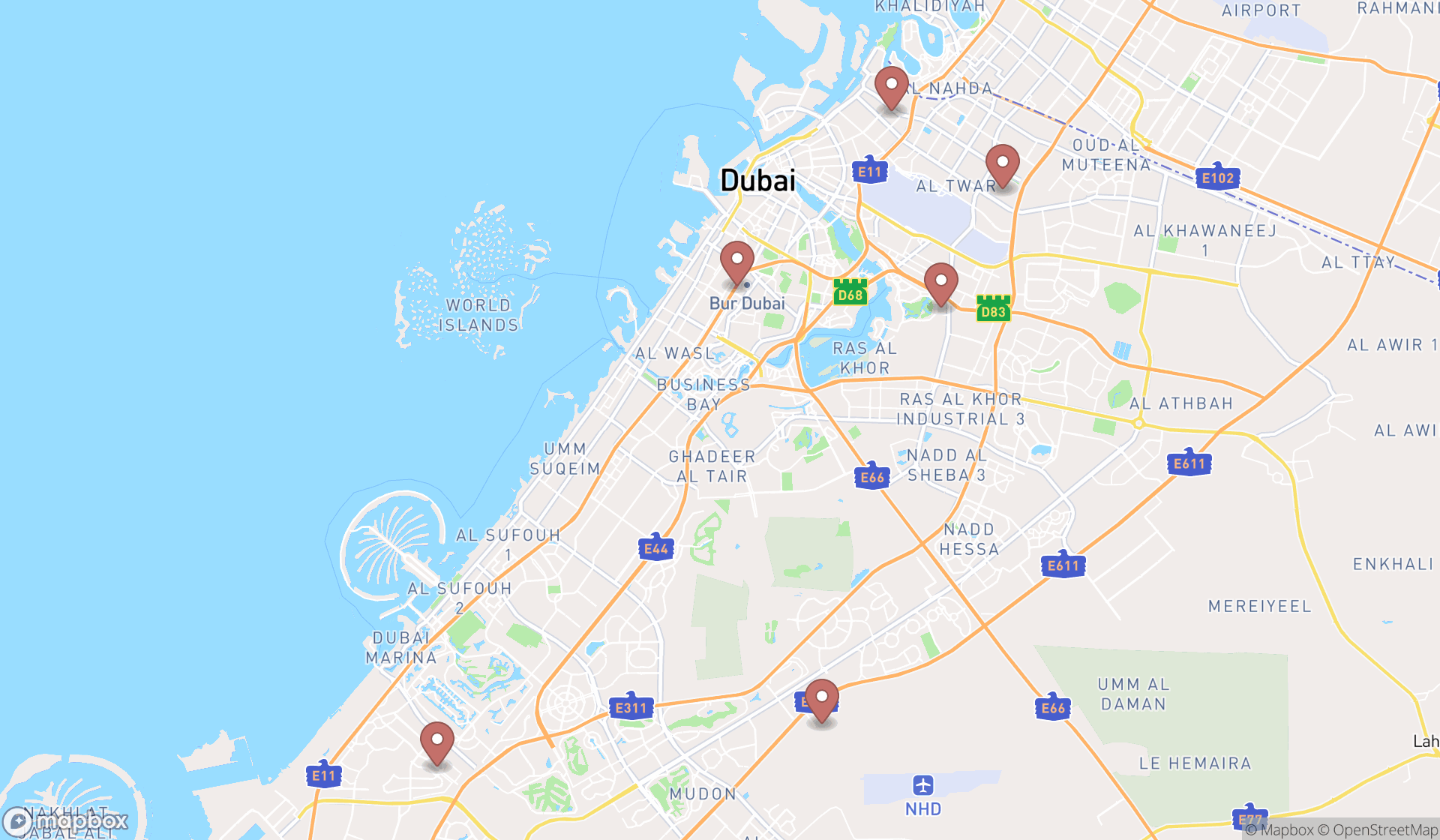 Map showing the search results in Dubai