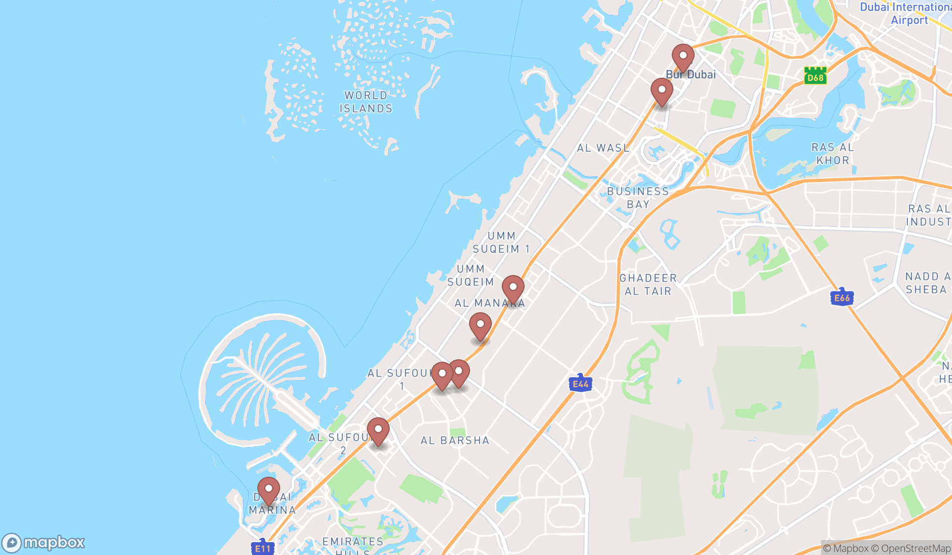 Map showing the search results in Dubai