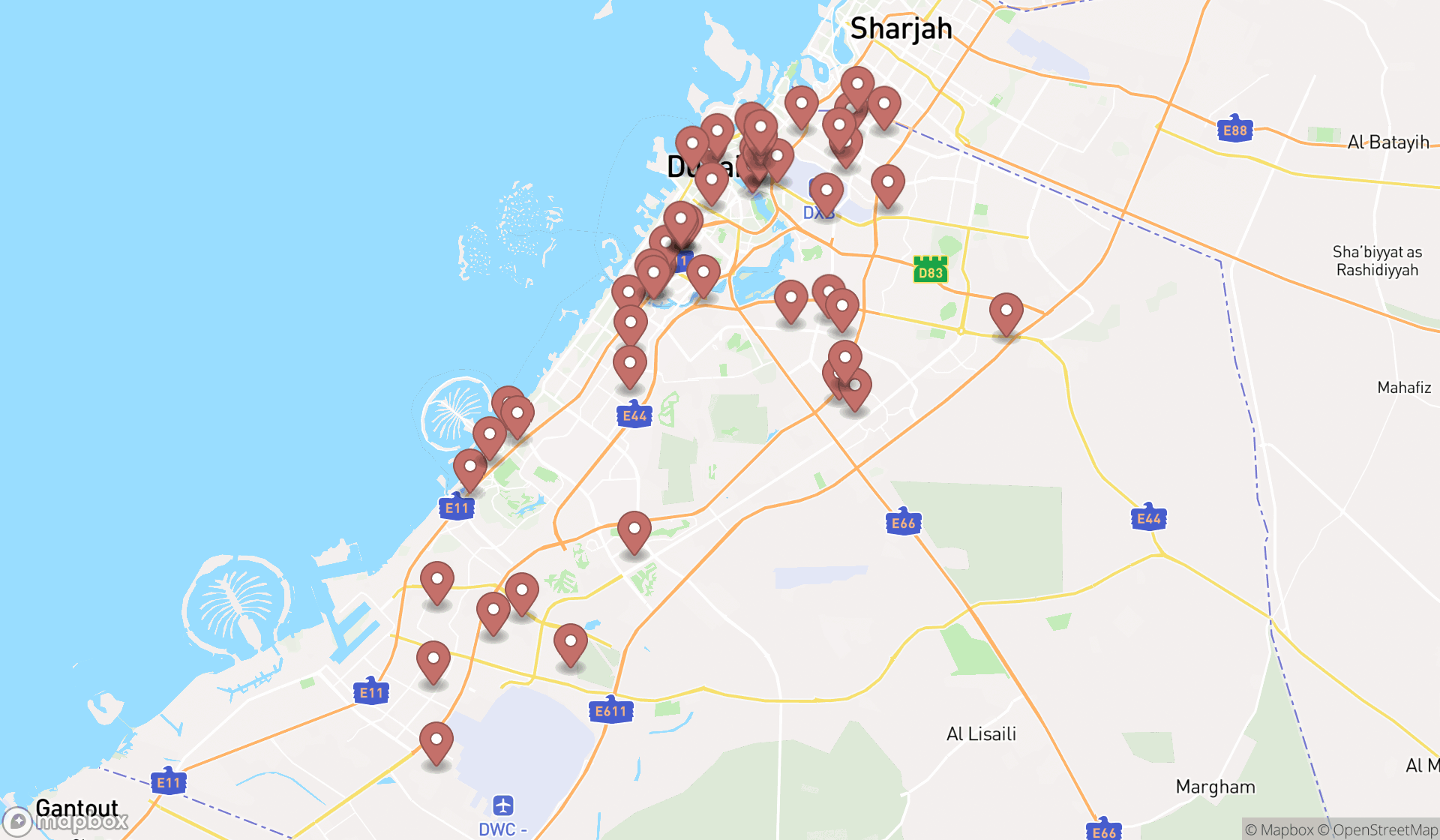 Map showing the search results in Dubai