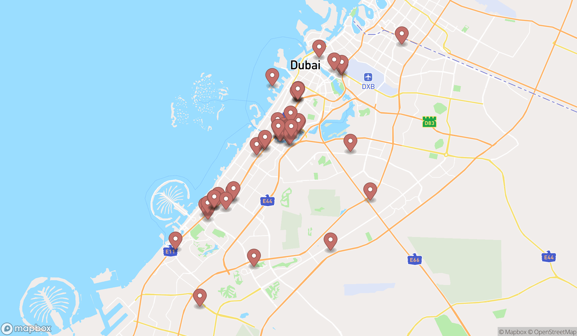 Map showing the search results in Dubai