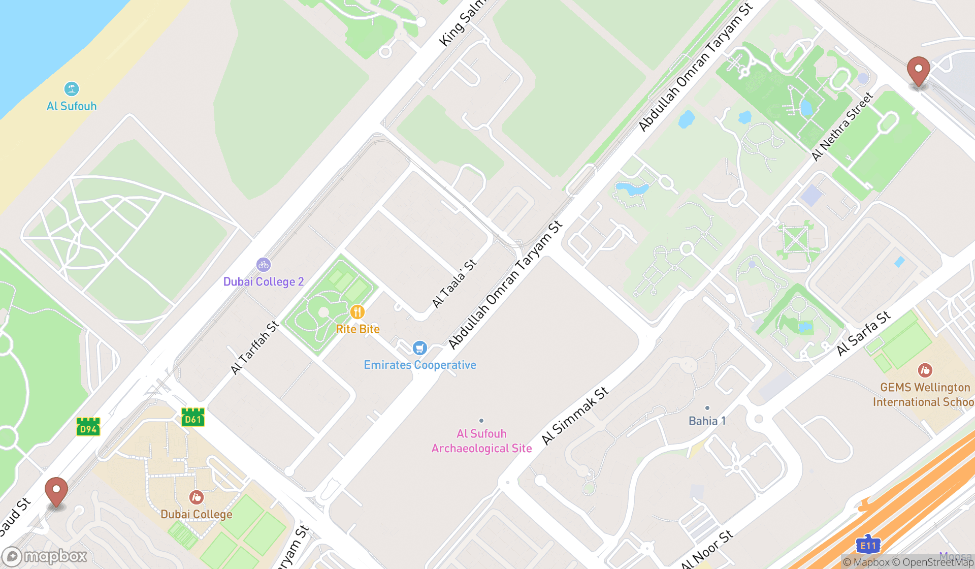 Map showing the search results in Dubai