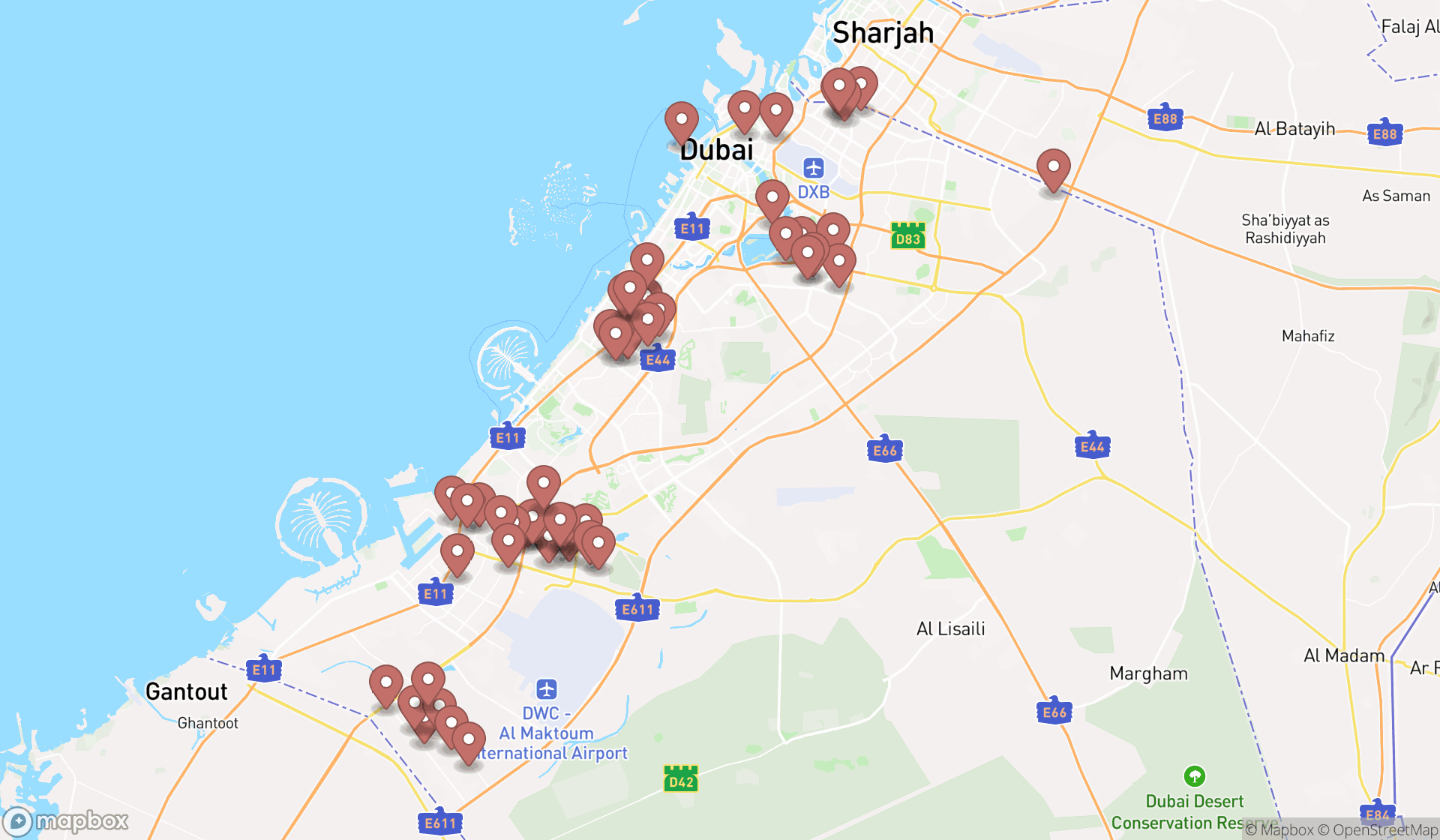 Map showing the search results in Dubai