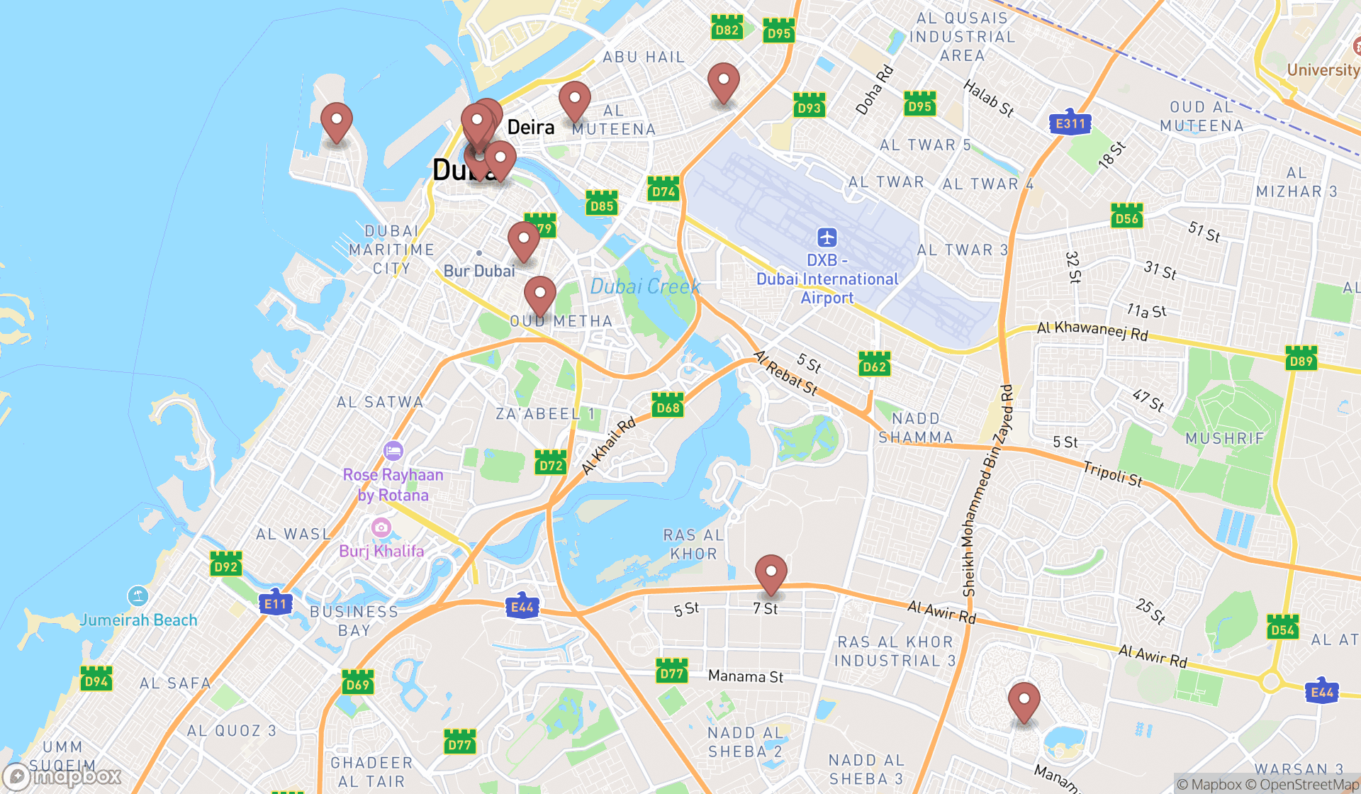 Map showing the search results in Dubai