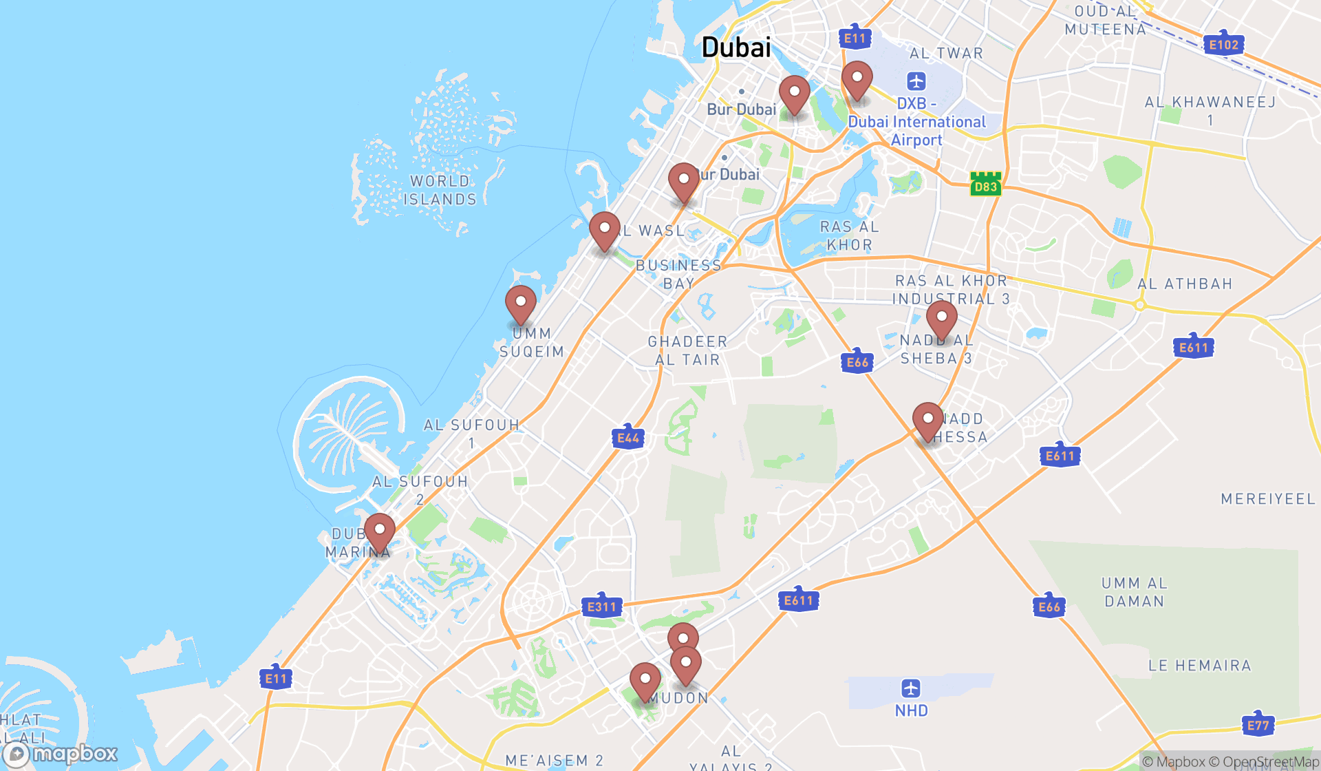 Map showing the search results in Dubai