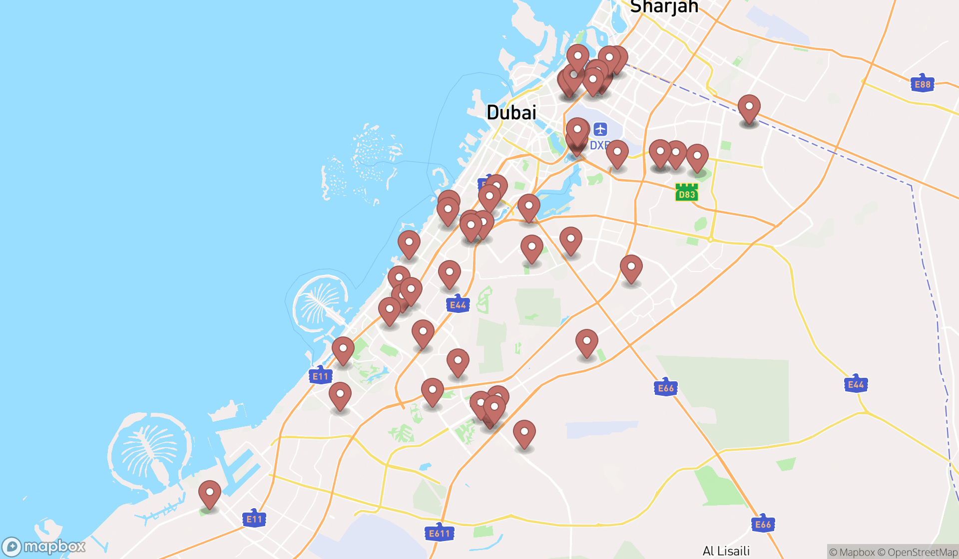 Map showing the search results in Dubai
