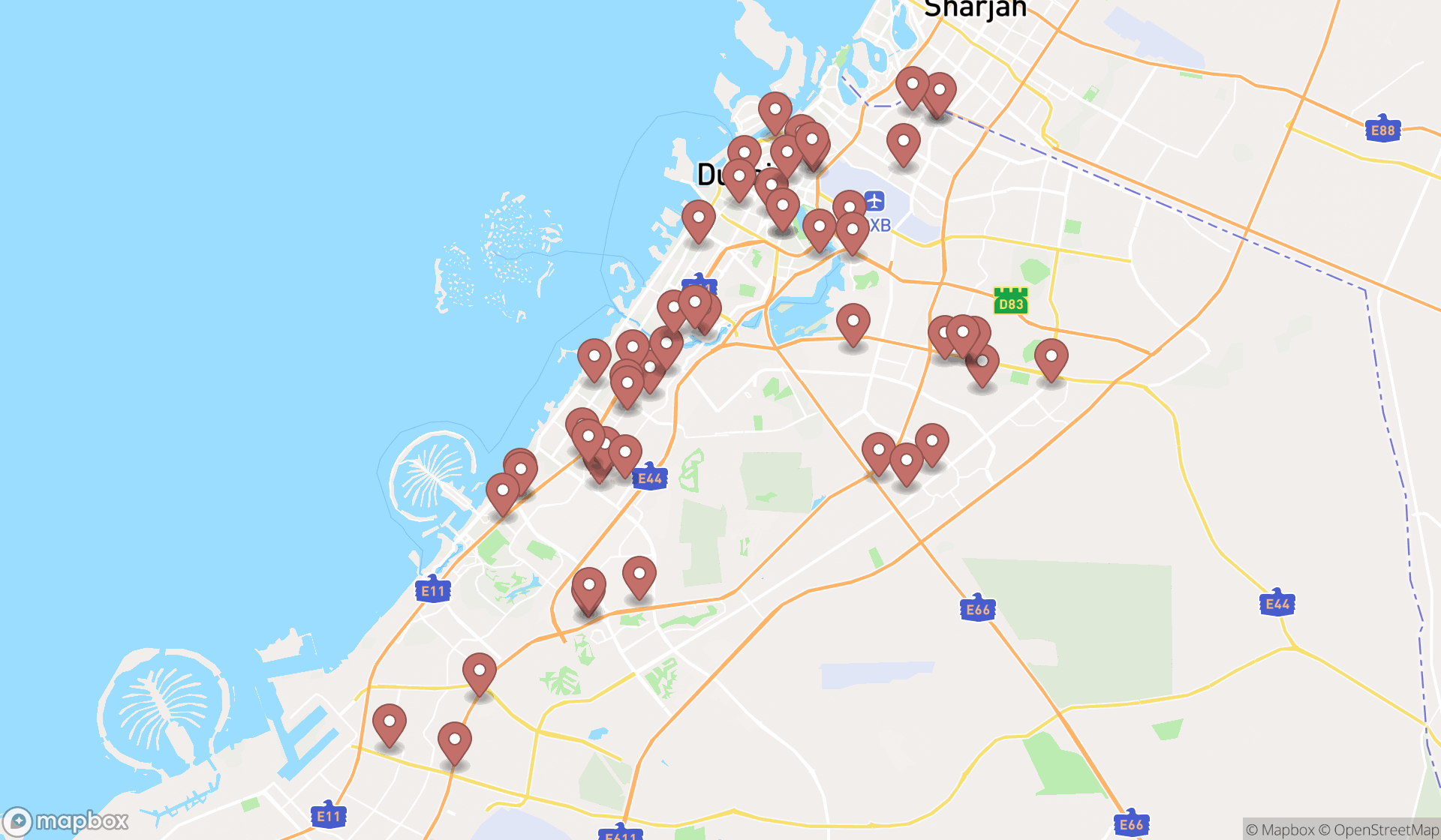 Map showing the search results in Dubai