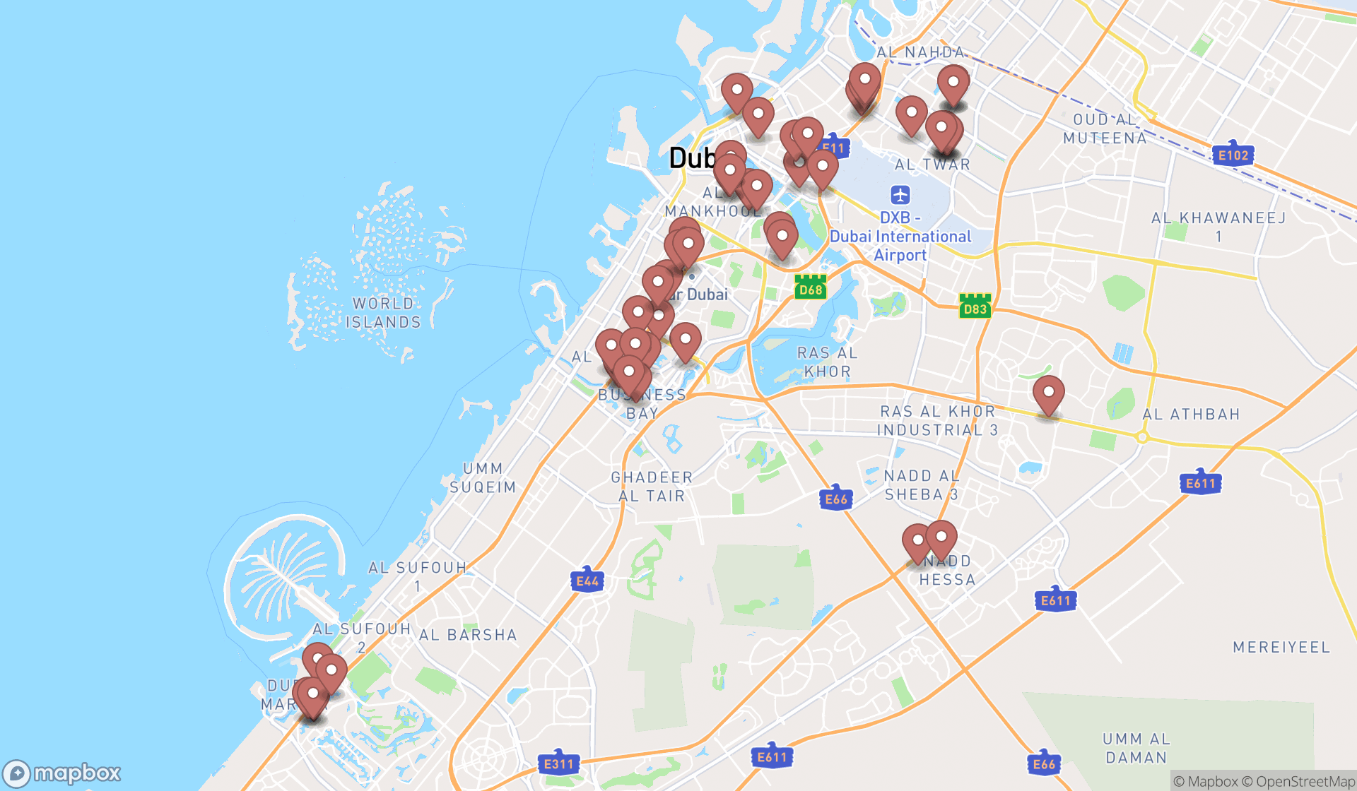 Map showing the search results in Dubai