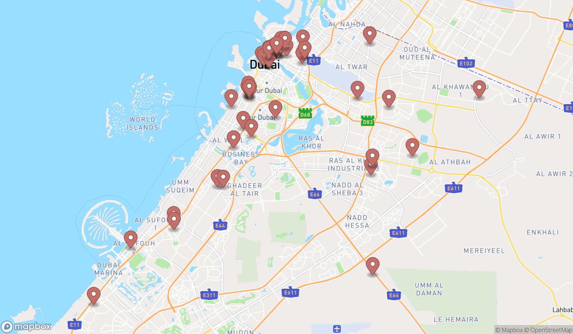 Map showing the search results in Dubai