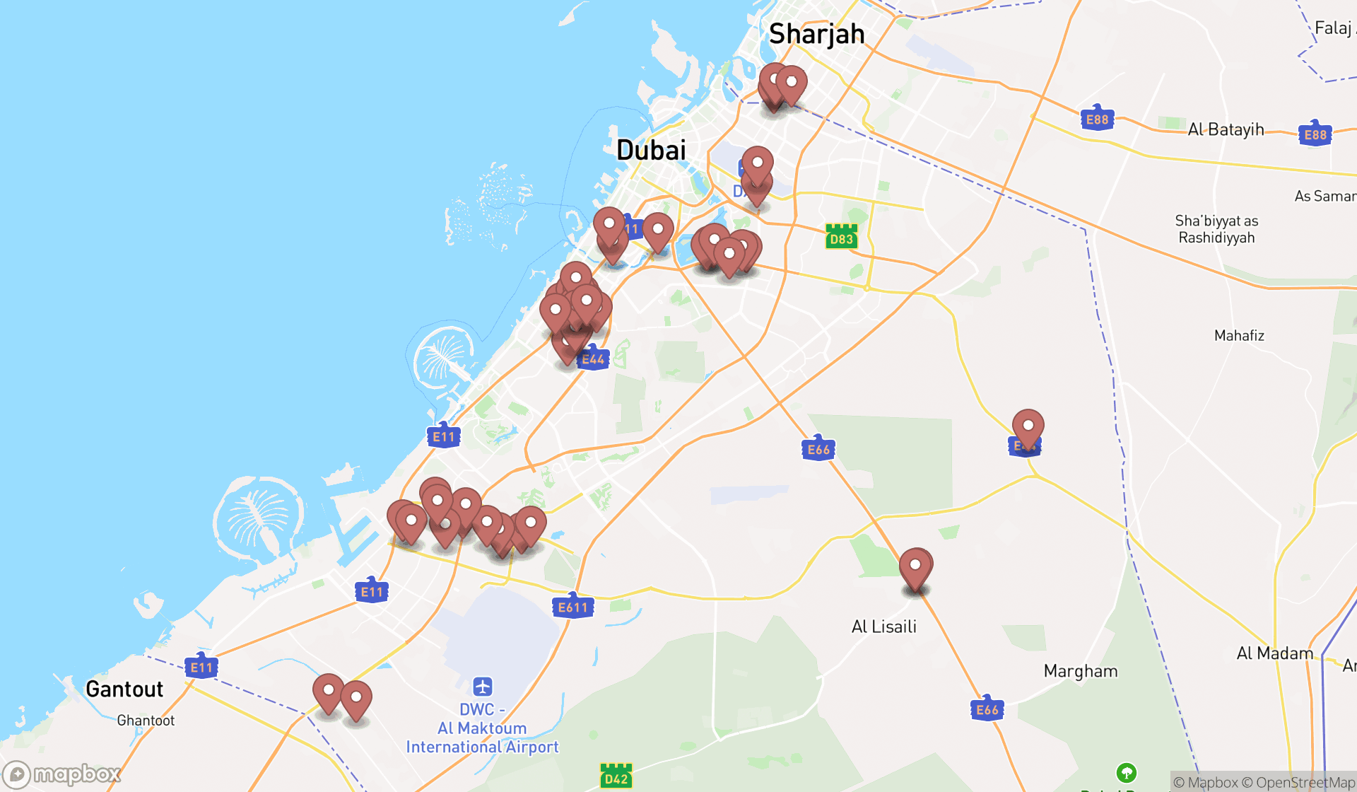 Map showing the search results in Dubai