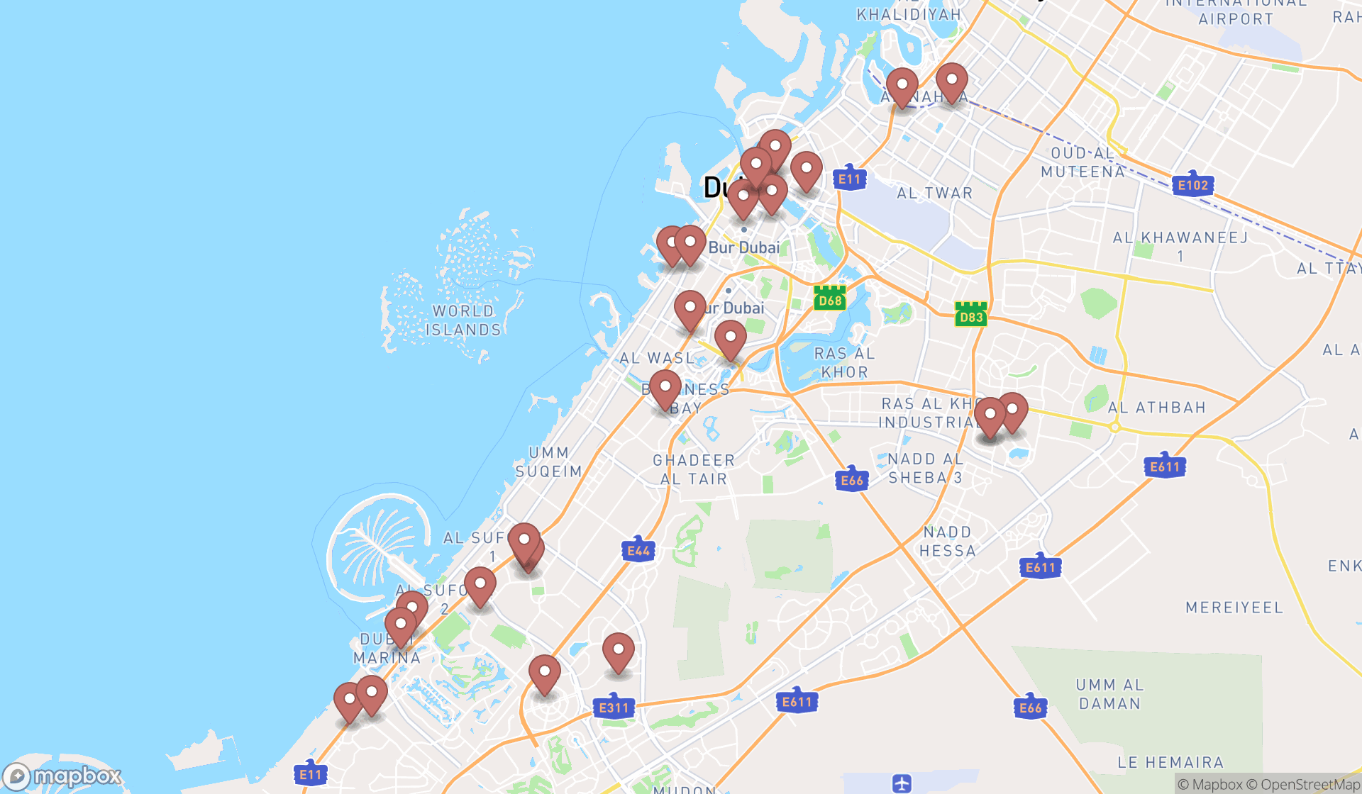 Map showing the search results in Dubai