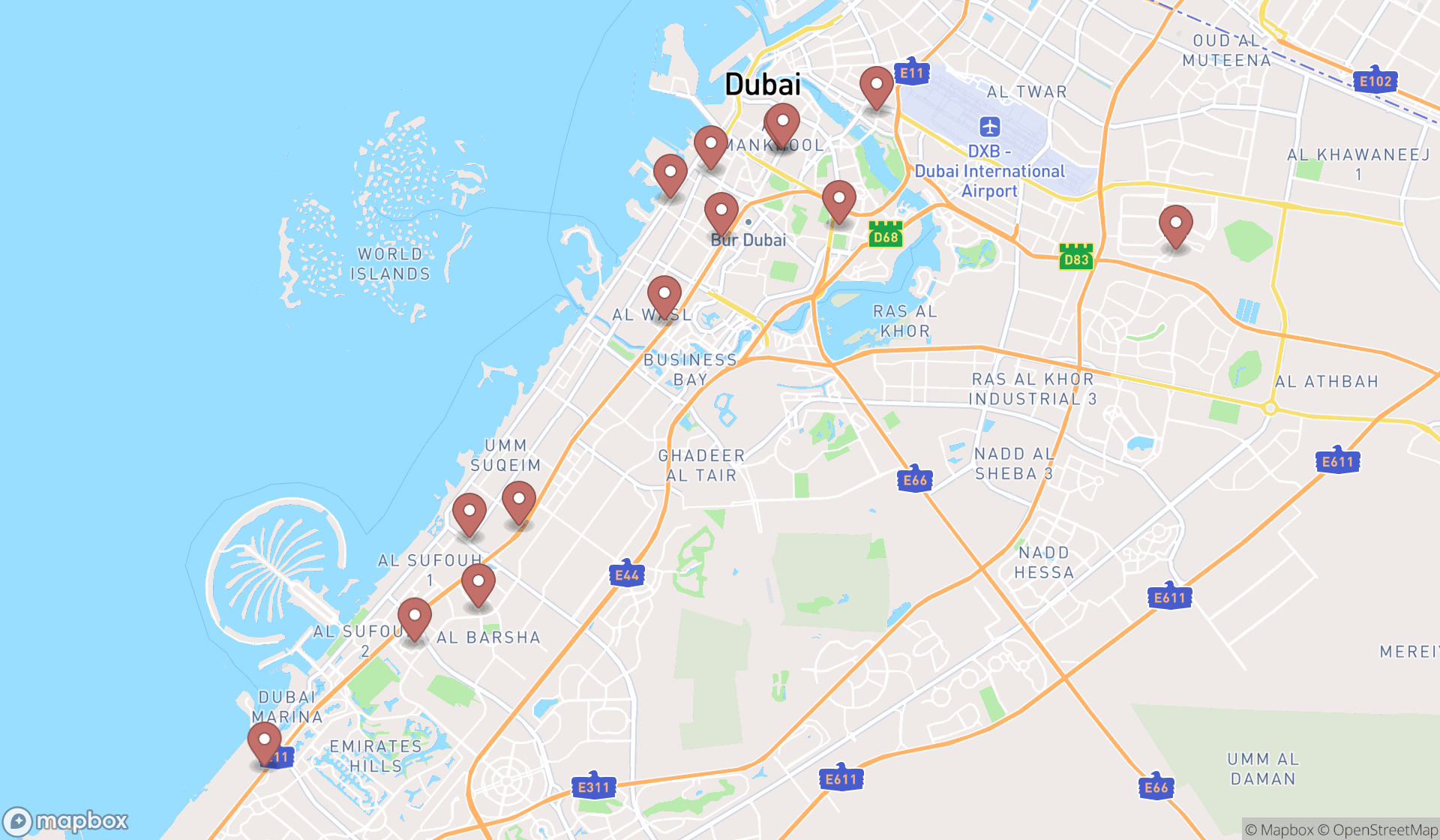 Map showing the search results in Dubai