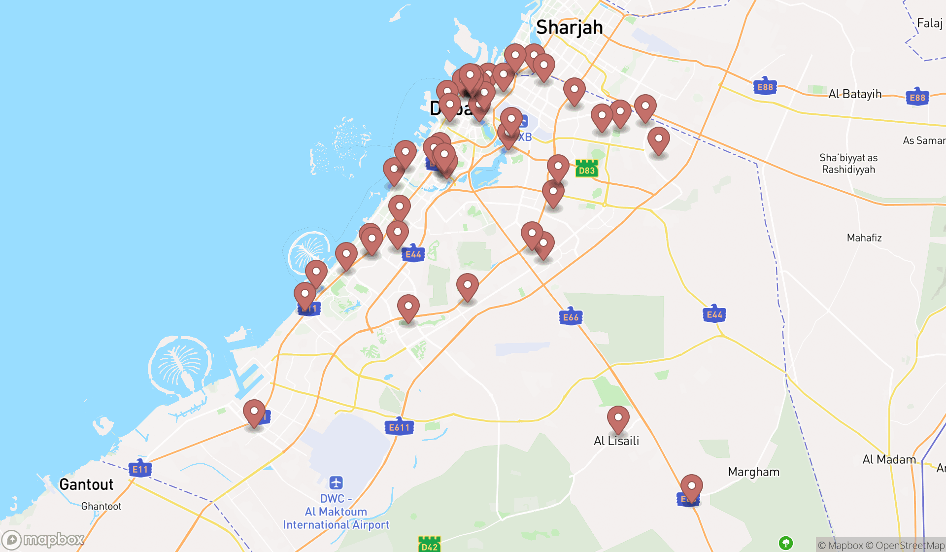 Map showing the search results in Dubai