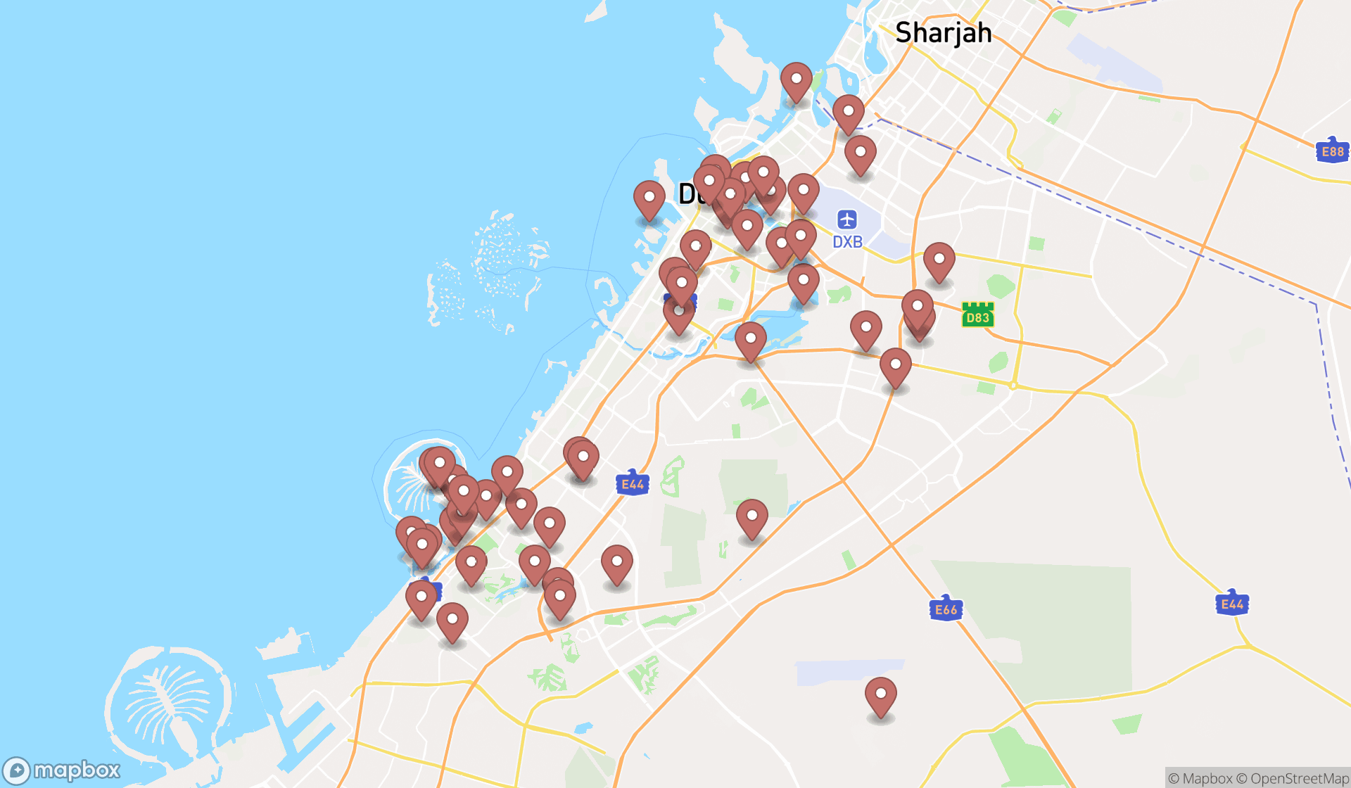 Map showing the search results in Dubai
