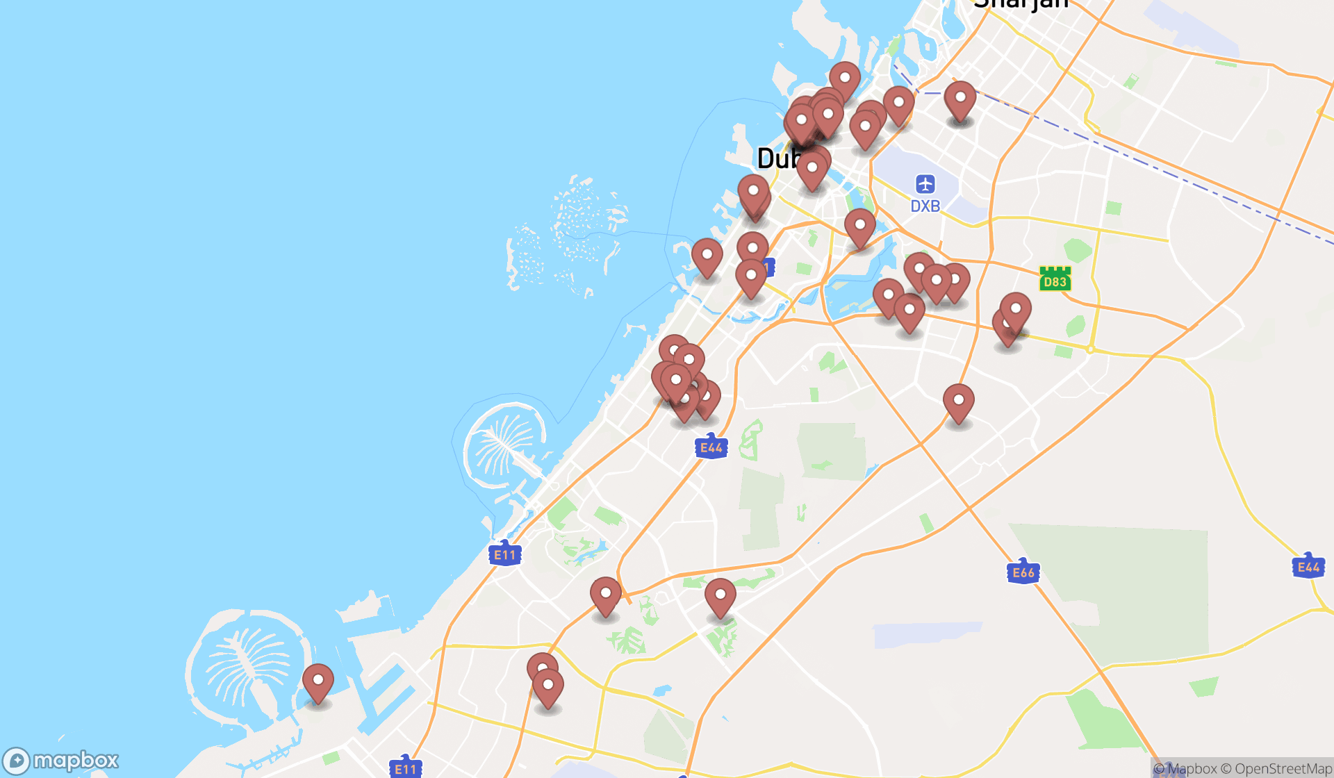 Map showing the search results in Dubai