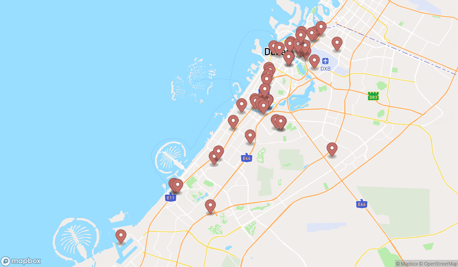 Map showing the search results in Dubai