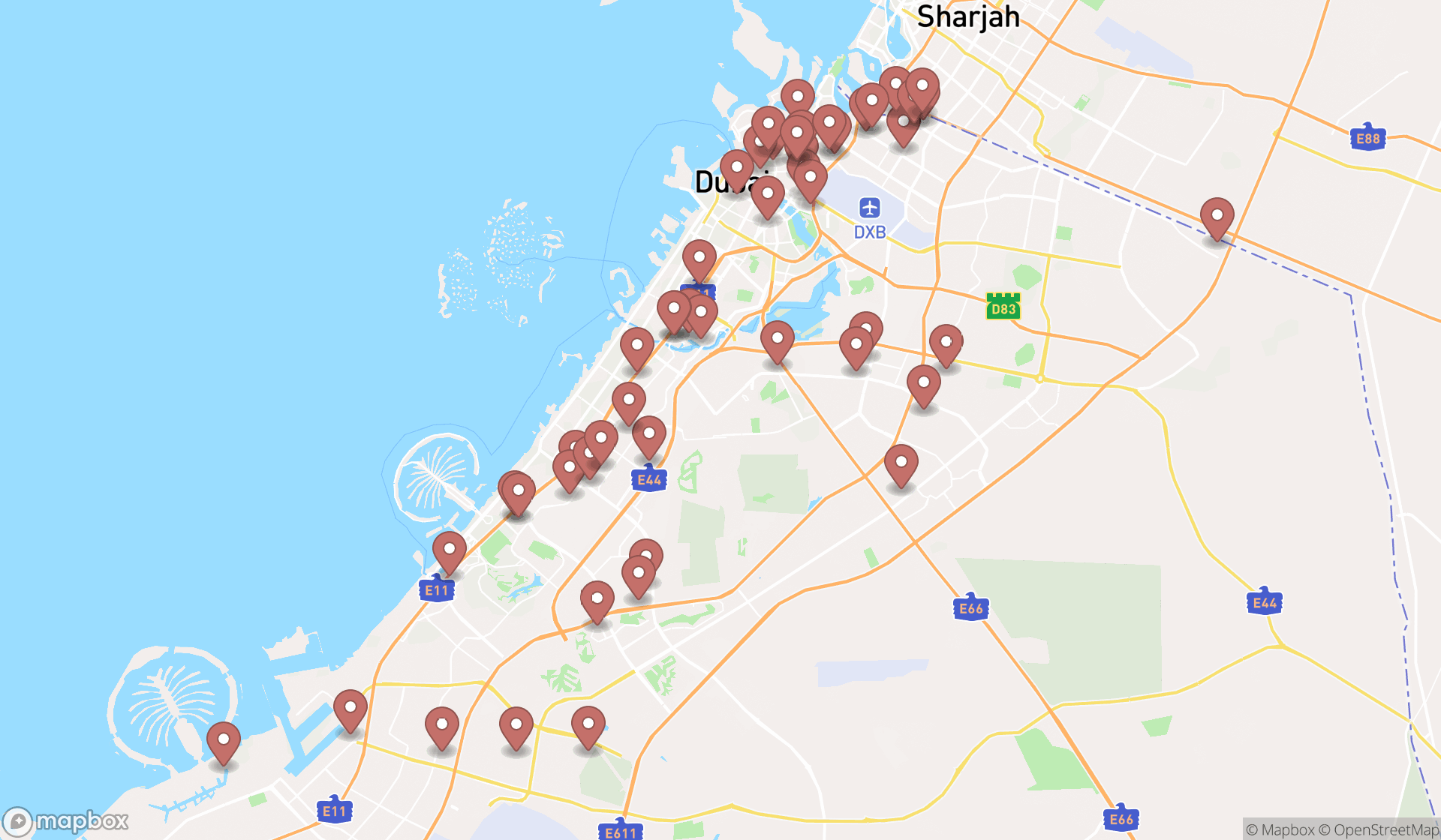 Map showing the search results in Dubai