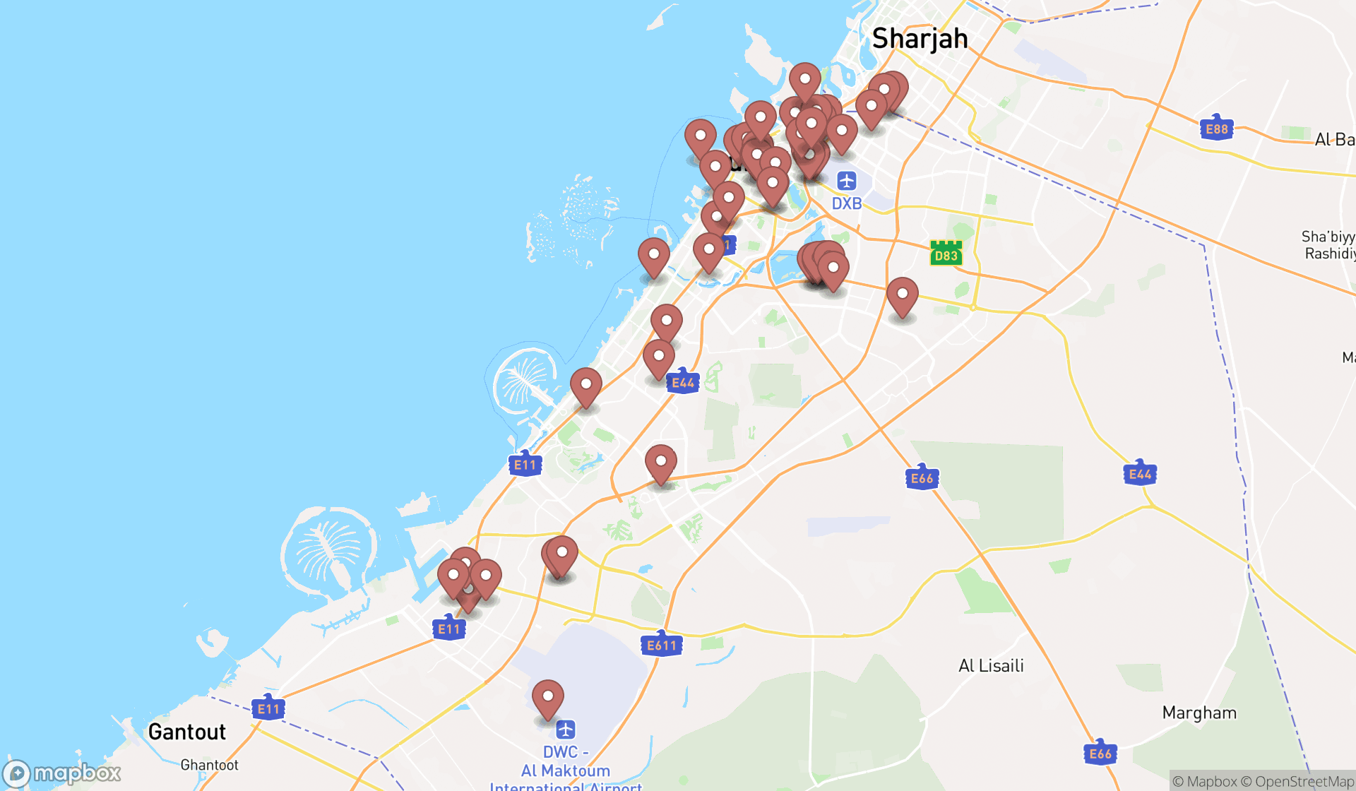 Map showing the search results in Dubai