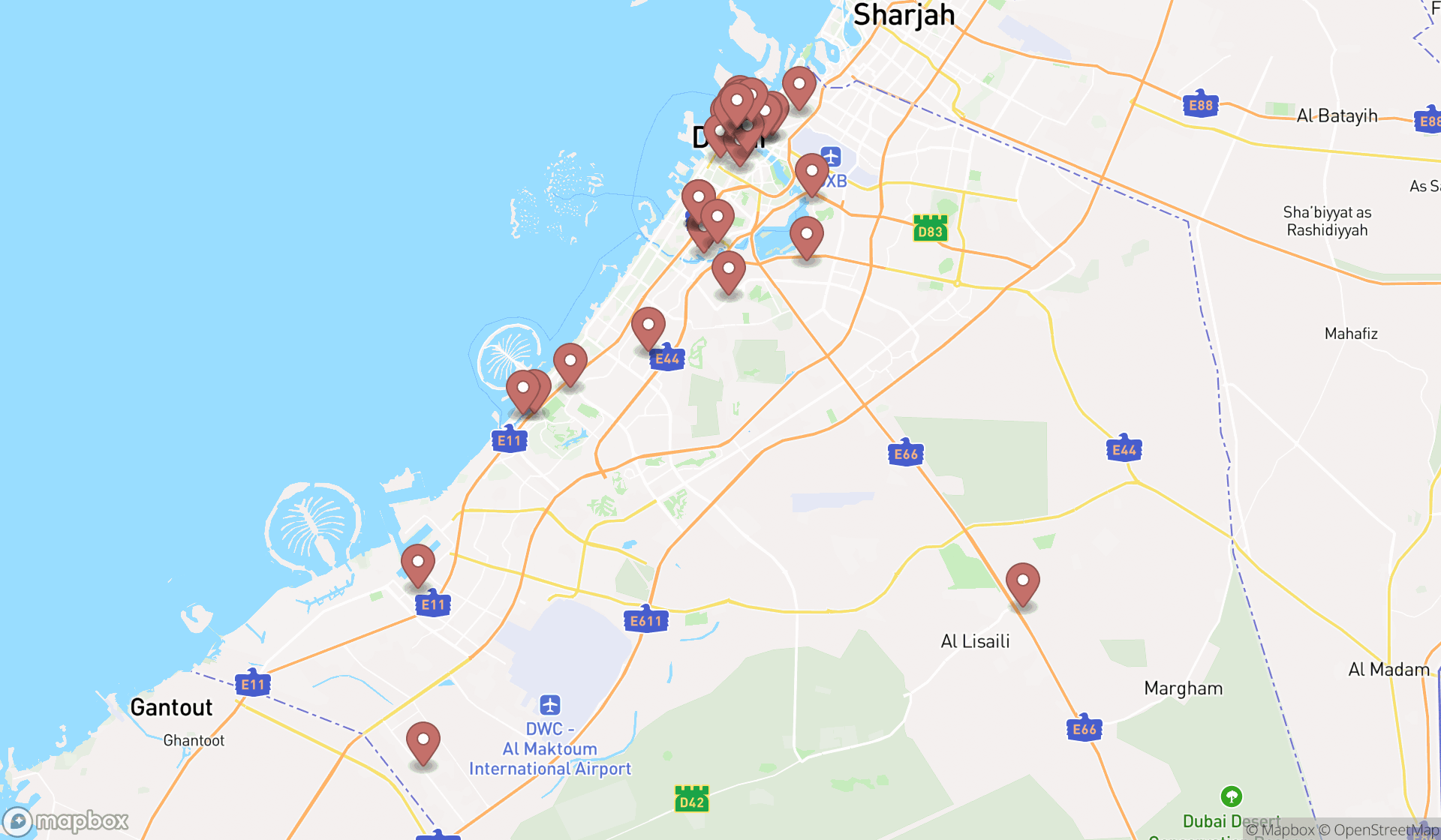 Map showing the search results in Dubai
