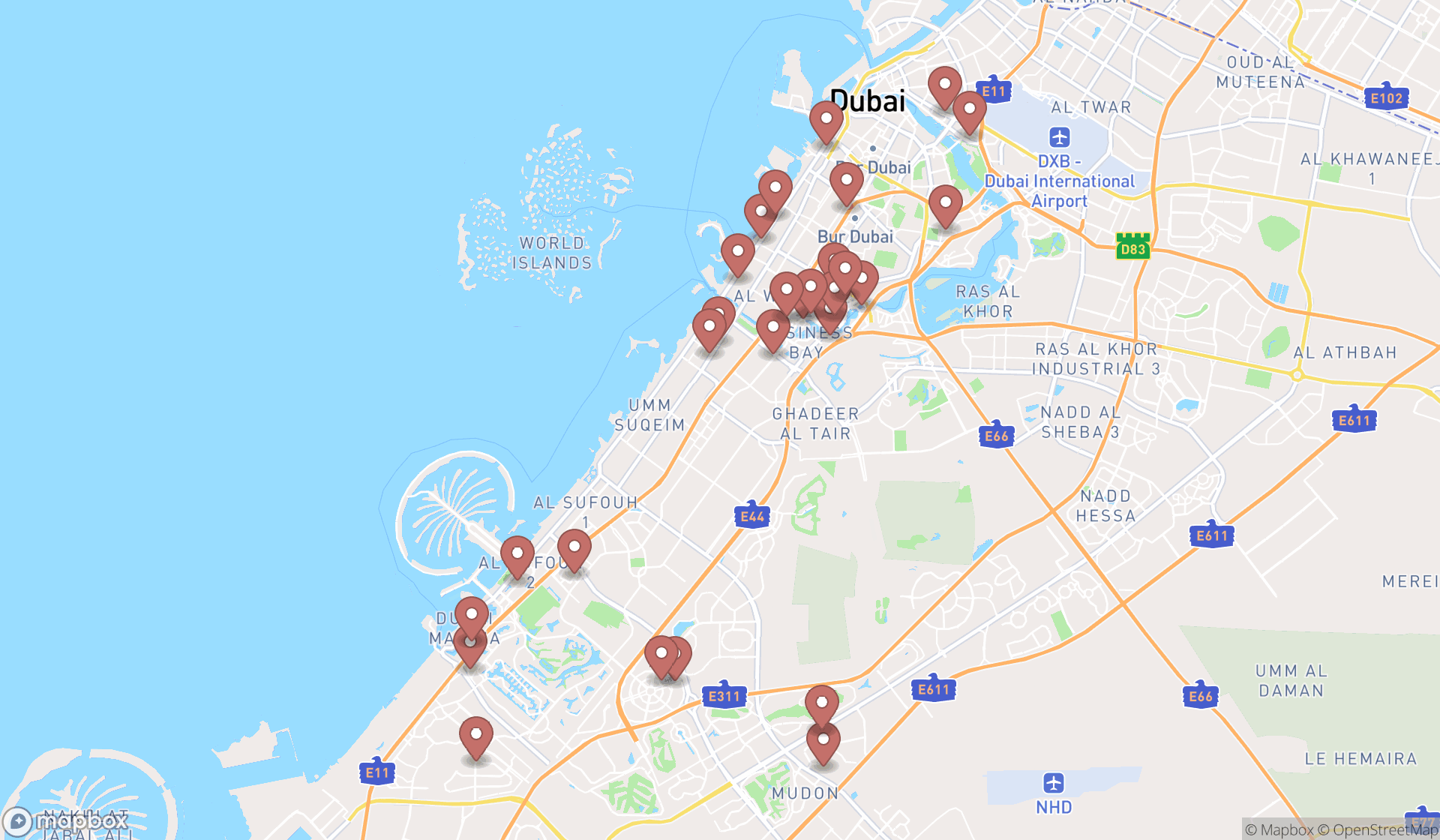 Map showing the search results in Dubai