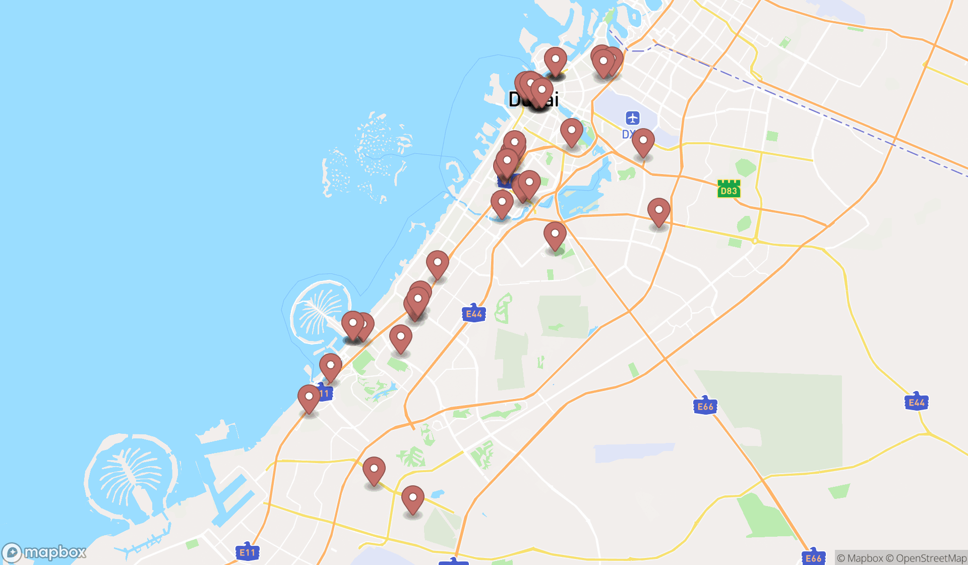 Map showing the search results in Dubai