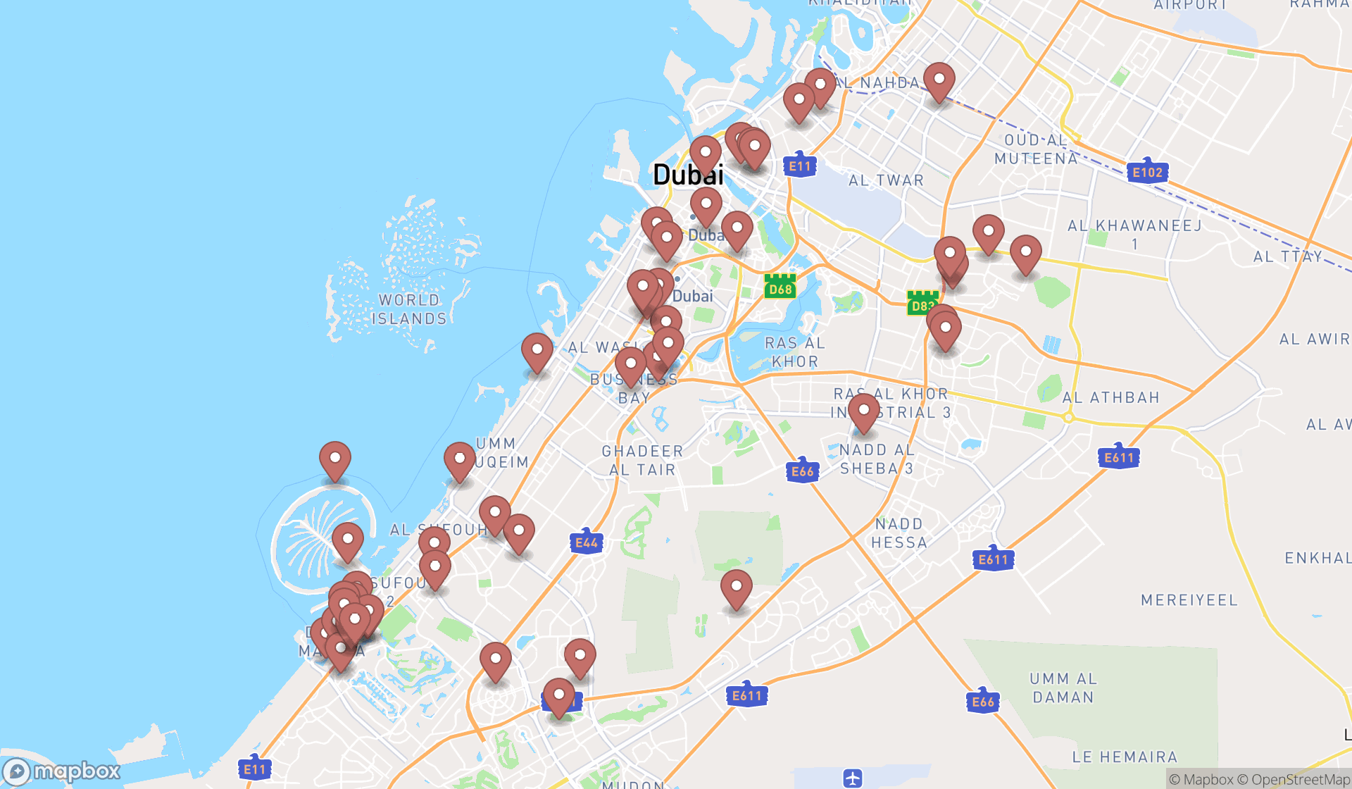 Map showing the search results in Dubai
