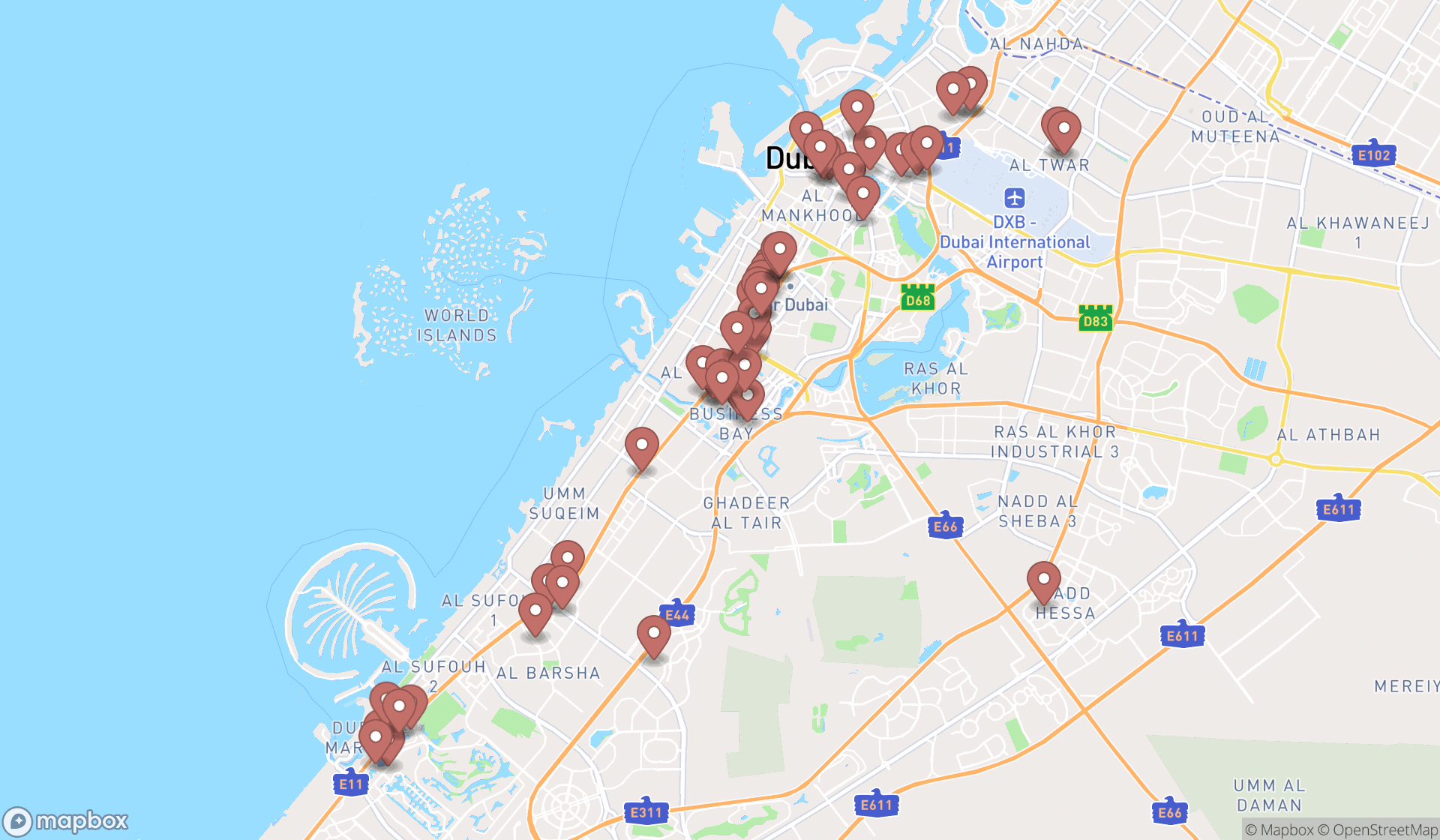 Map showing the search results in Dubai