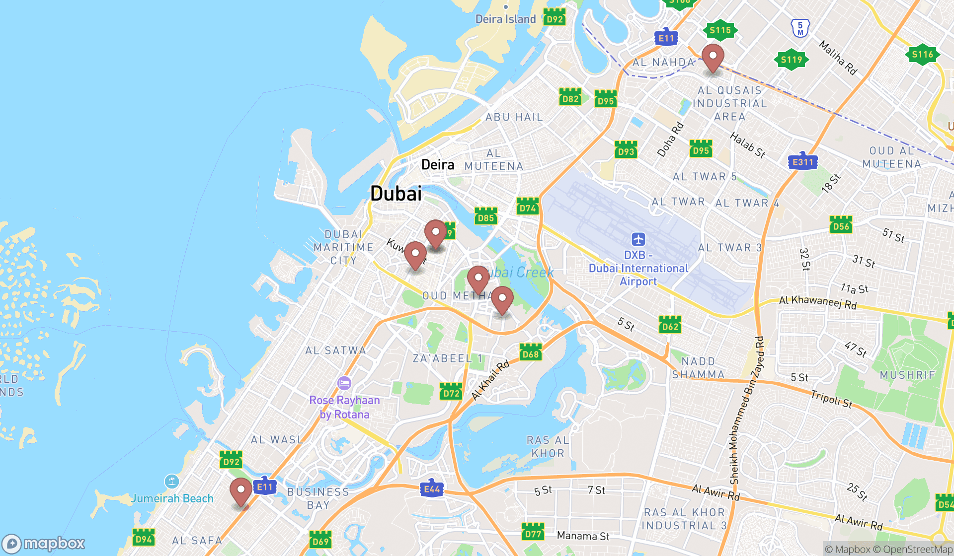 Map showing the search results in Dubai