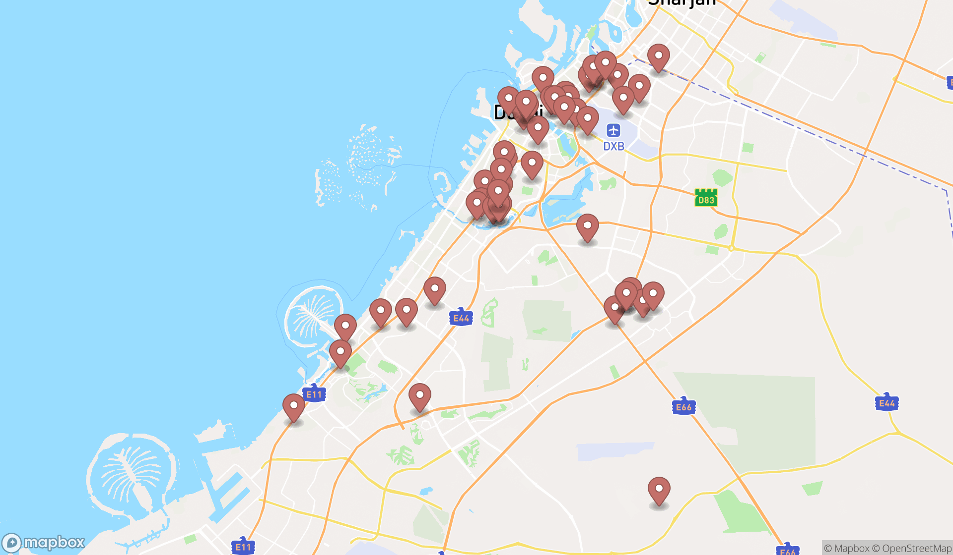 Map showing the search results in Dubai