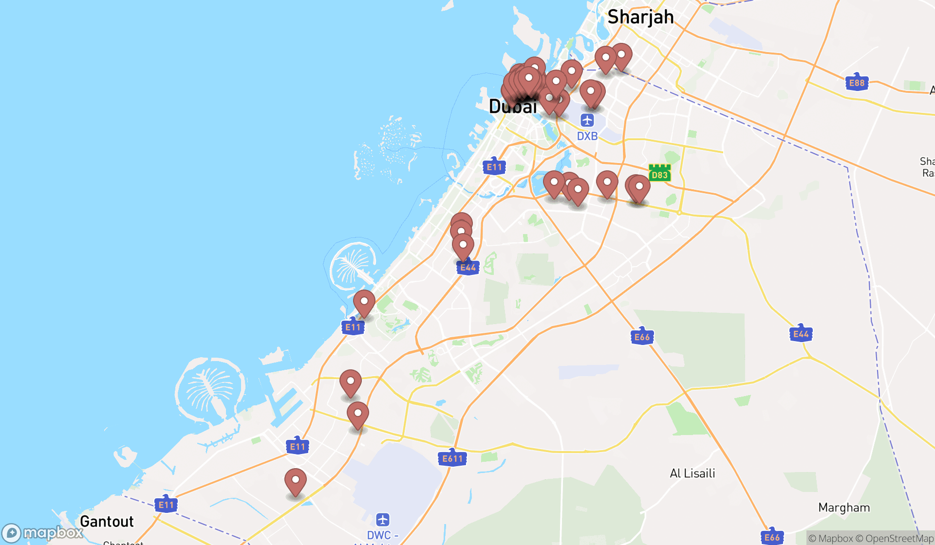 Map showing the search results in Dubai