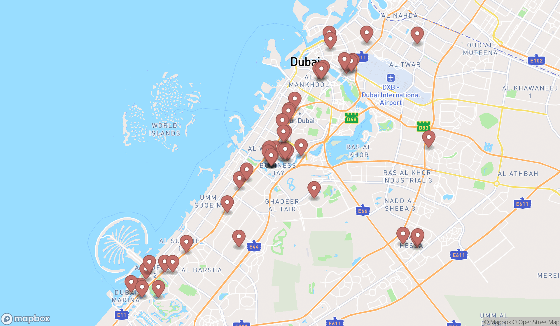 Map showing the search results in Dubai