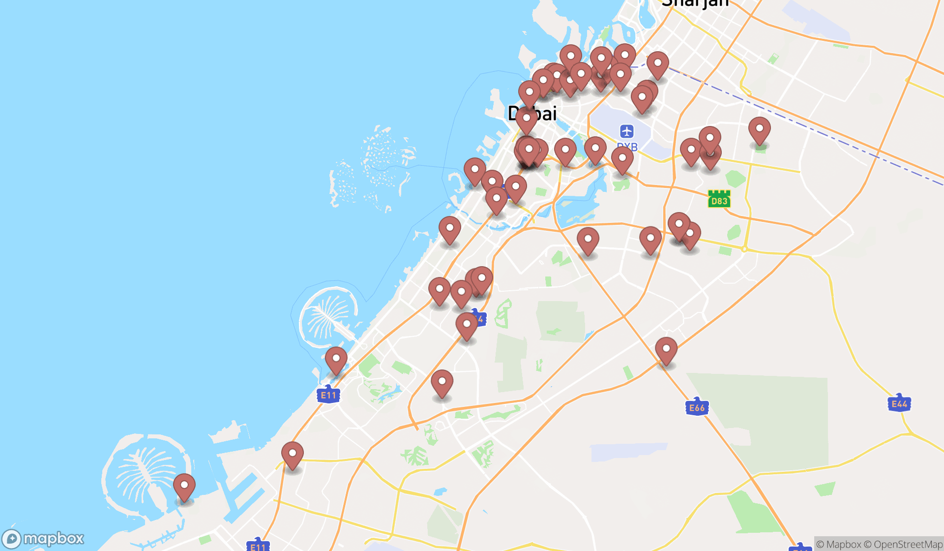 Map showing the search results in Dubai
