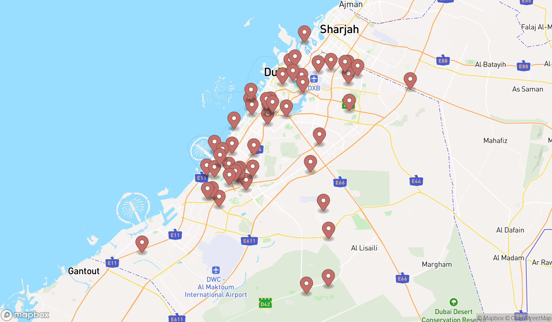 Map showing the search results in Dubai