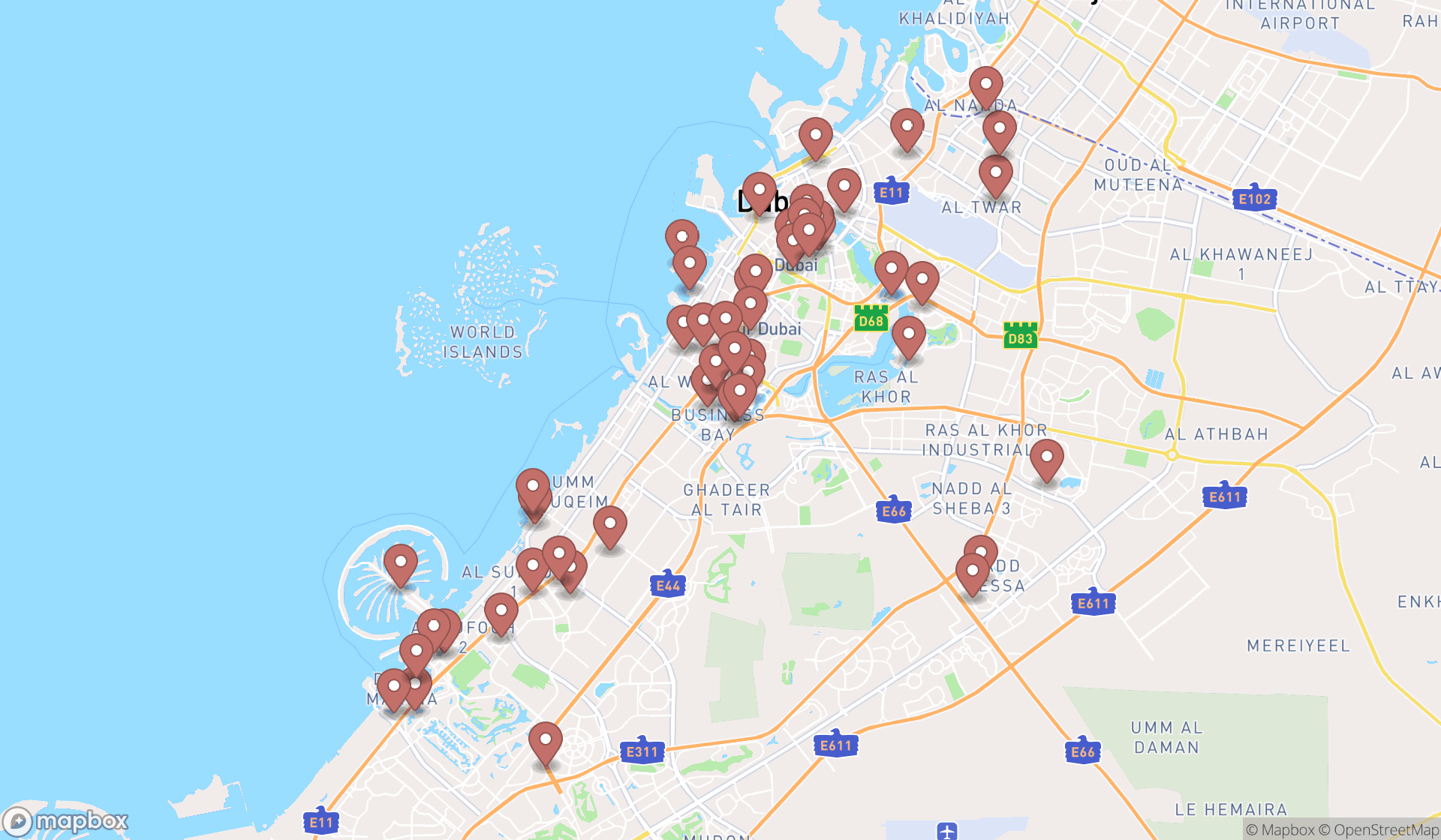 Map showing the search results in Dubai
