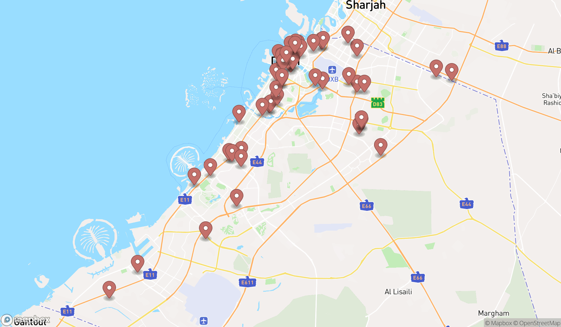 Map showing the search results in Dubai