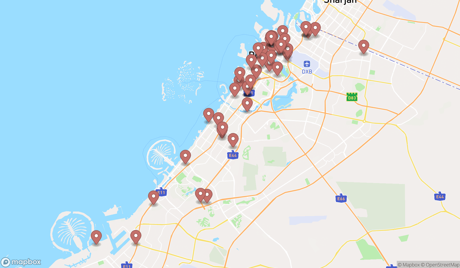 Map showing the search results in Dubai