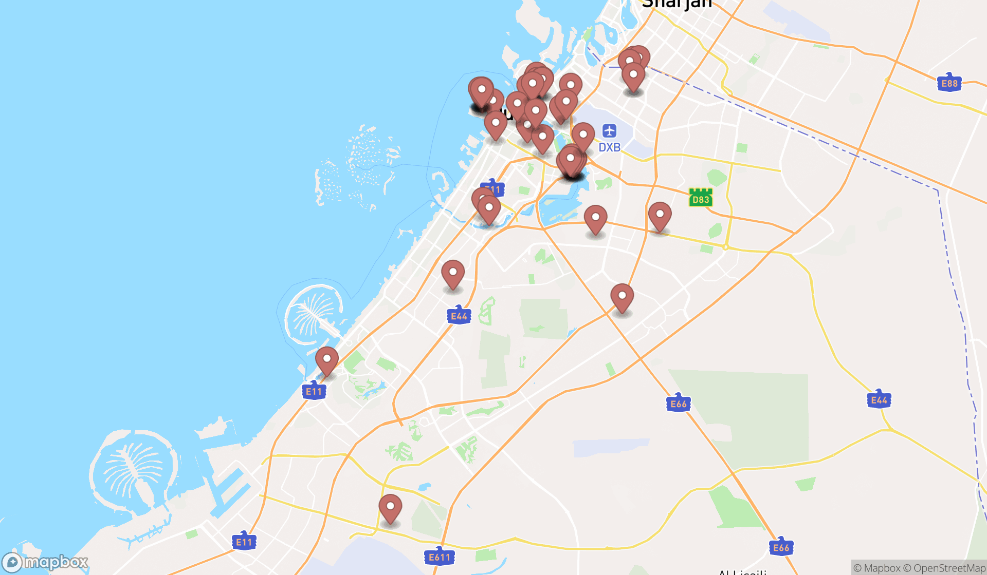 Map showing the search results in Dubai