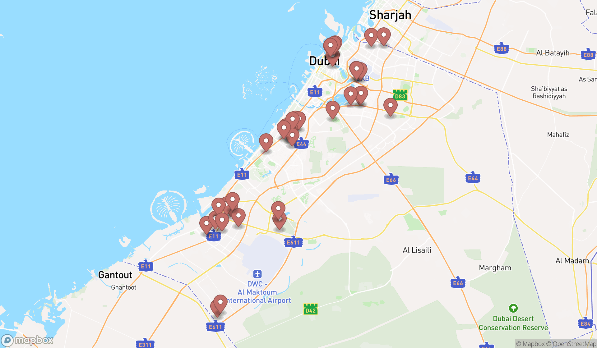 Map showing the search results in Dubai