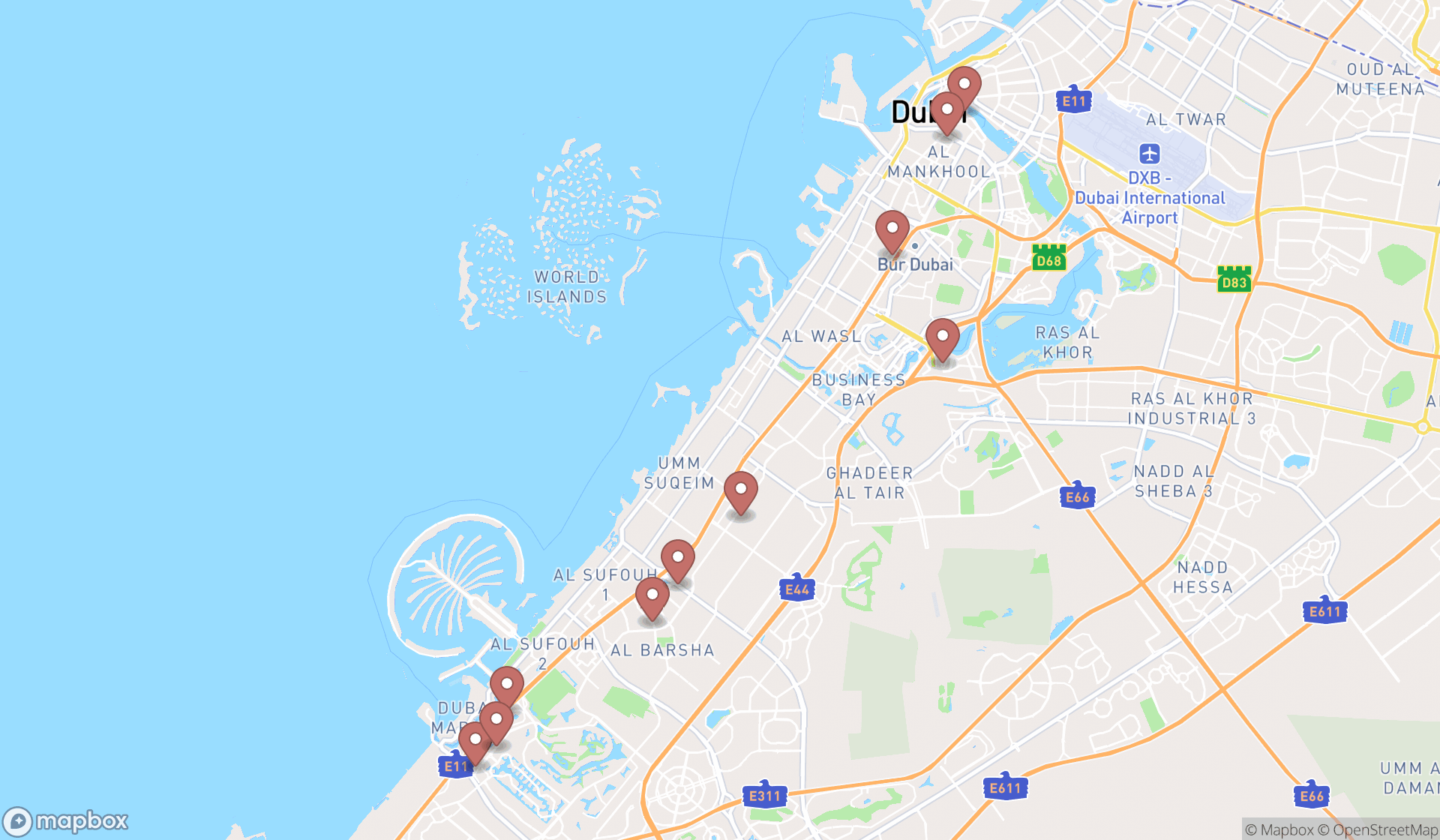 Map showing the search results in Dubai