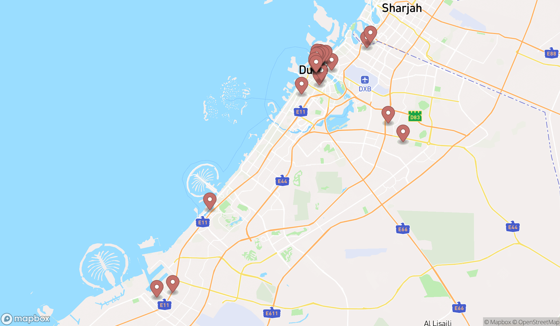 Map showing the search results in Dubai