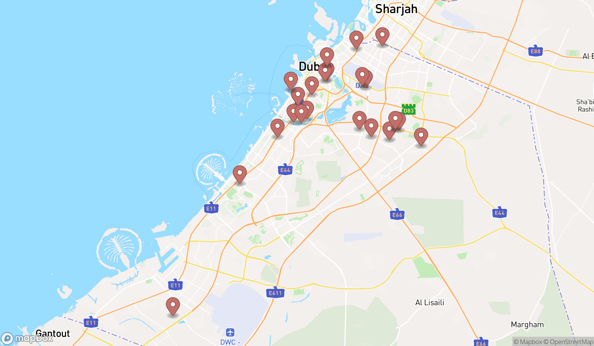 Map showing the search results in Dubai